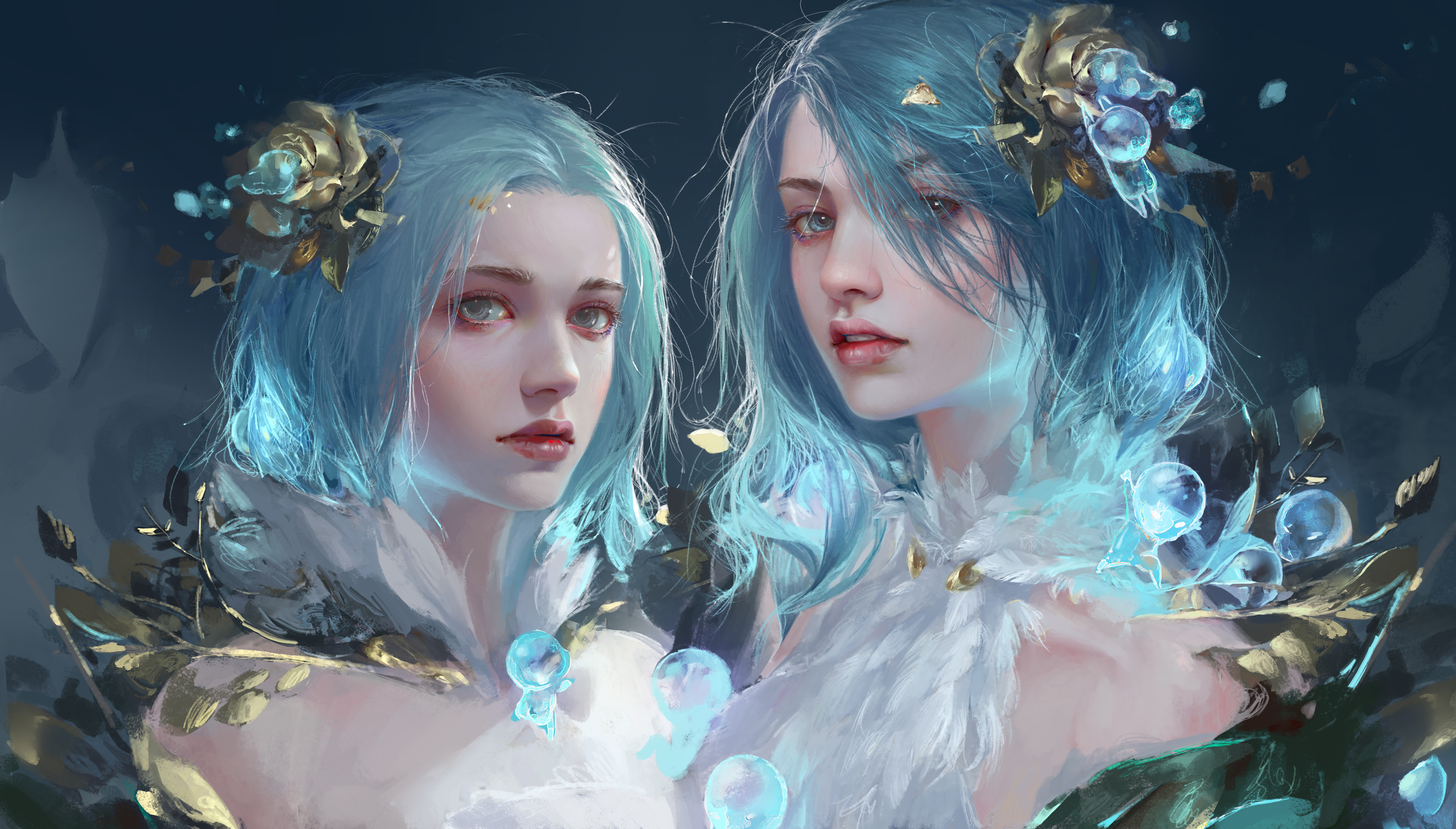 4K Fantasy Girls with Blue Hair and Eyes HD Wallpaper
