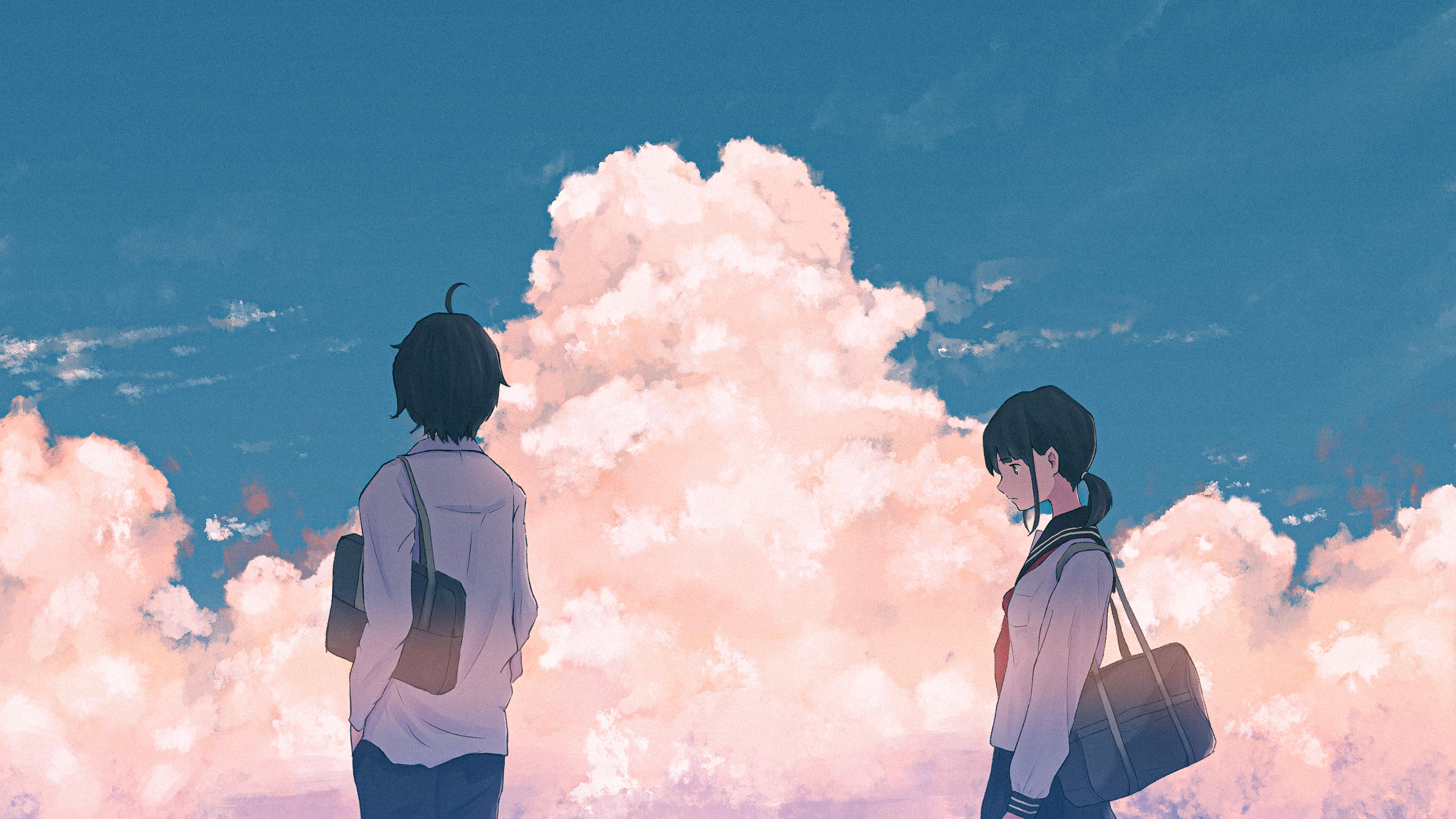 Anime boy and girl looking at clouds HD Wallpaper