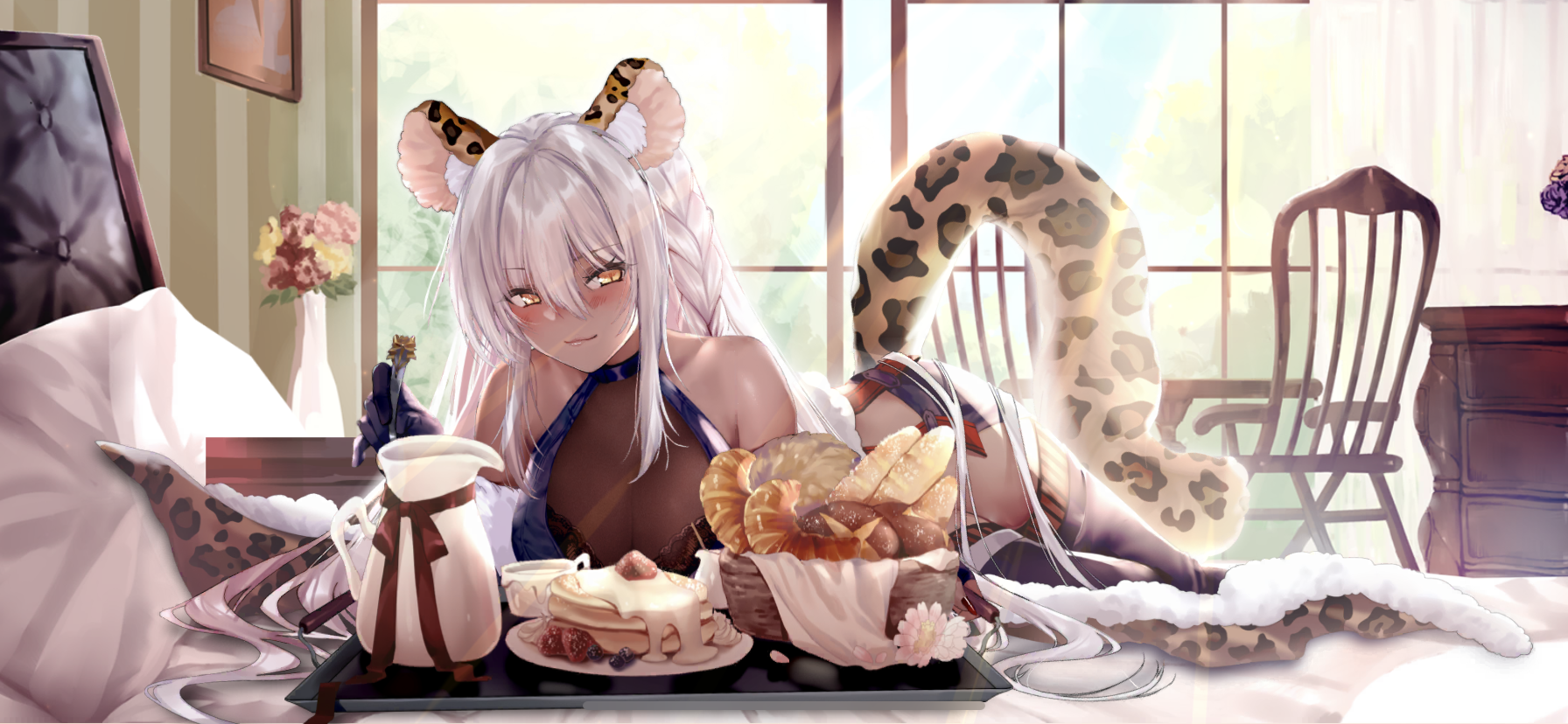 Anime girl with animal ears and tail with breakfast HD Wallpaper