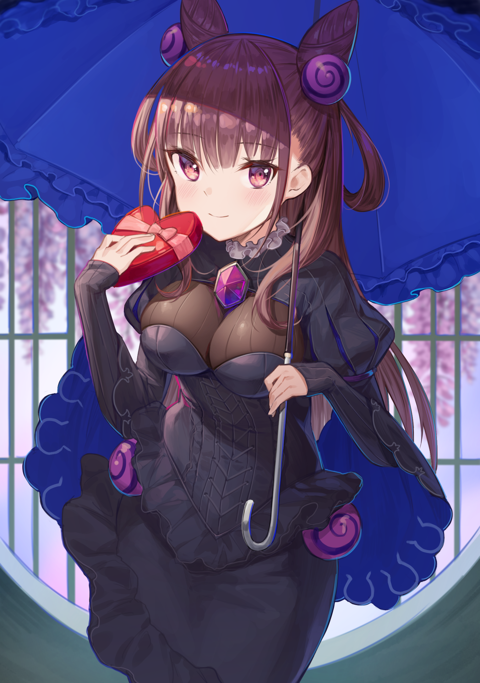 Murasaki Shikibu holding a heart-shaped chocolate box under a blue umbrella HD Phone Wallpaper