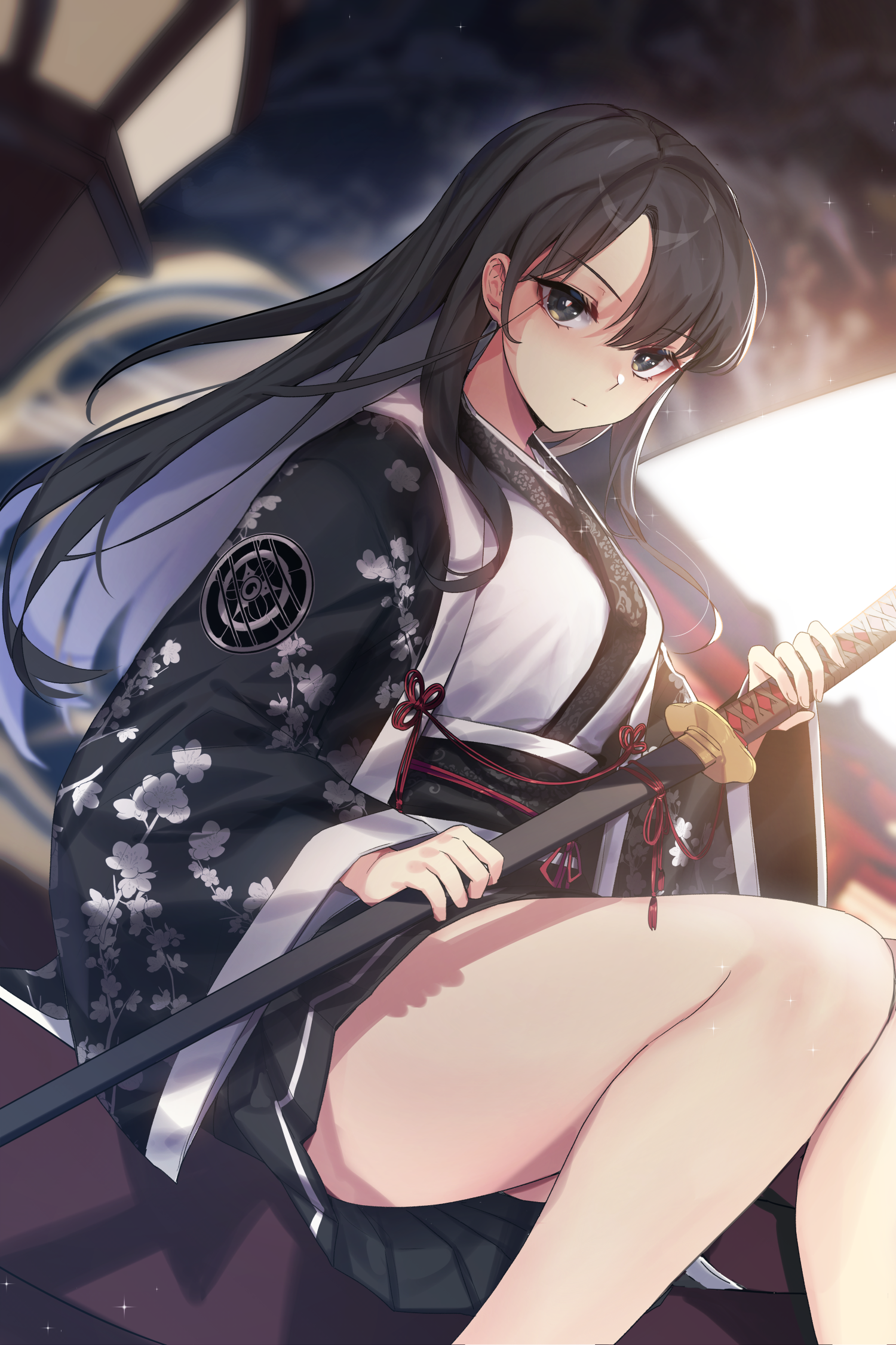Anime girl with a sword in a kimono HD Phone Wallpaper
