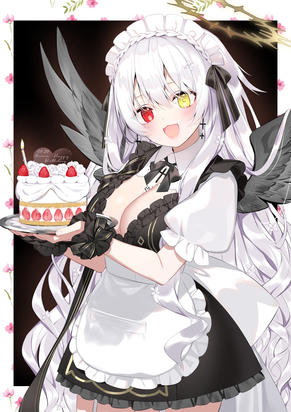 Anime girl in maid outfit holding a birthday cake HD Phone Wallpaper