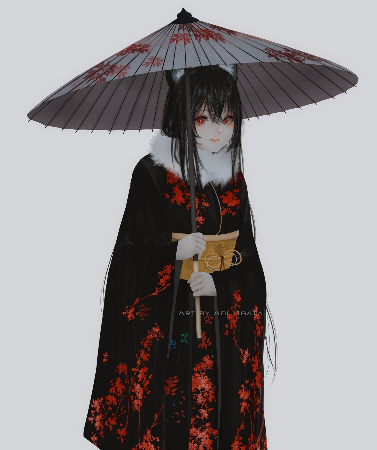 Anime cat girl with red eyes holding an umbrella HD Phone Wallpaper