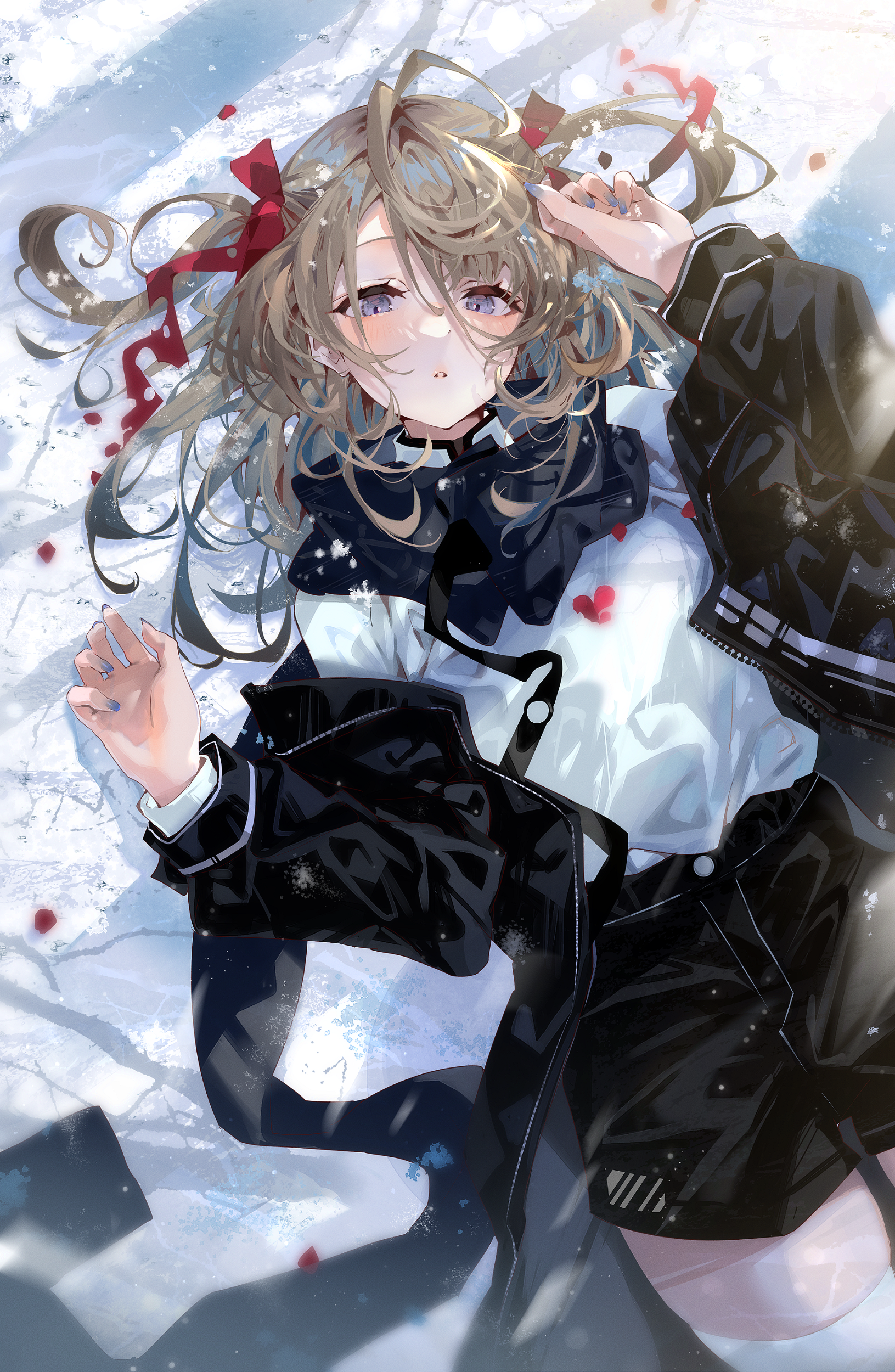 Arutera lying in the snow with red ribbons HD Phone Wallpaper