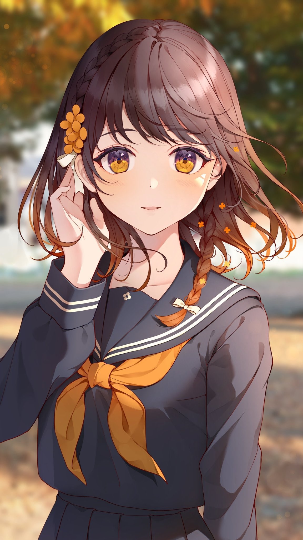Schoolgirl with yellow eyes and flowers in her hair HD Phone Wallpaper