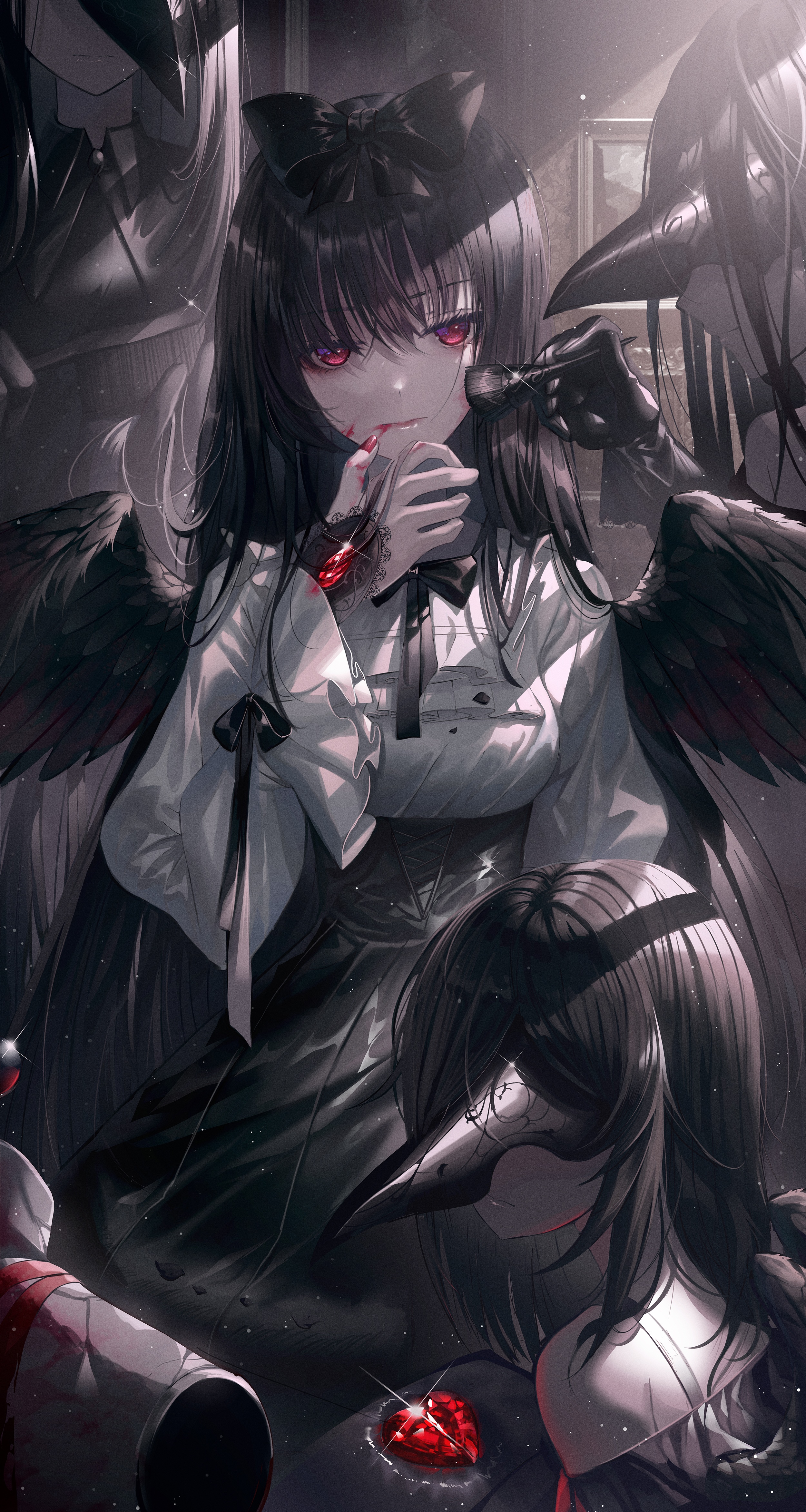 Girl with black wings and red eyes applying makeup HD Phone Wallpaper