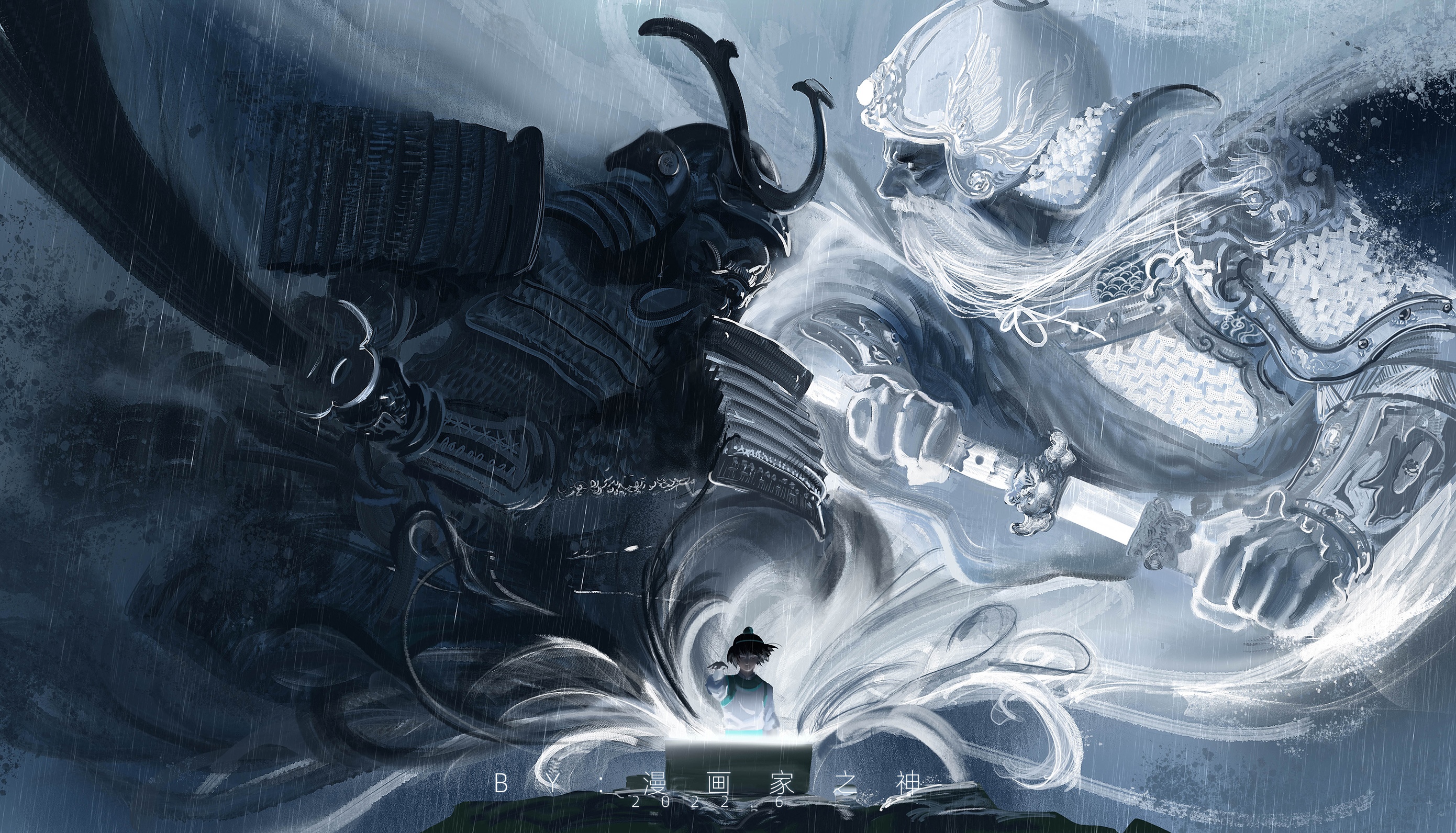 Samurai vs Warrior in a stormy battle HD Wallpaper