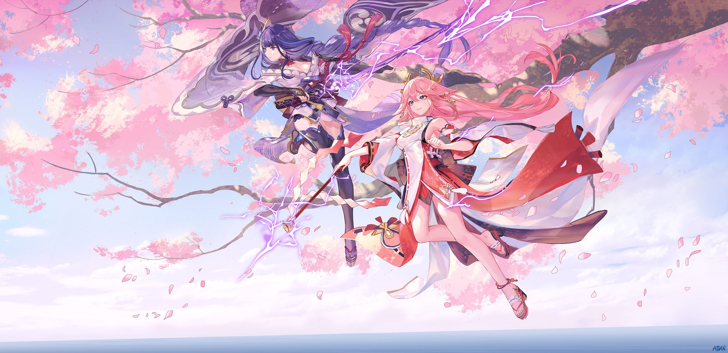 Raiden Shogun and Yae Miko under cherry blossoms HD Wallpaper