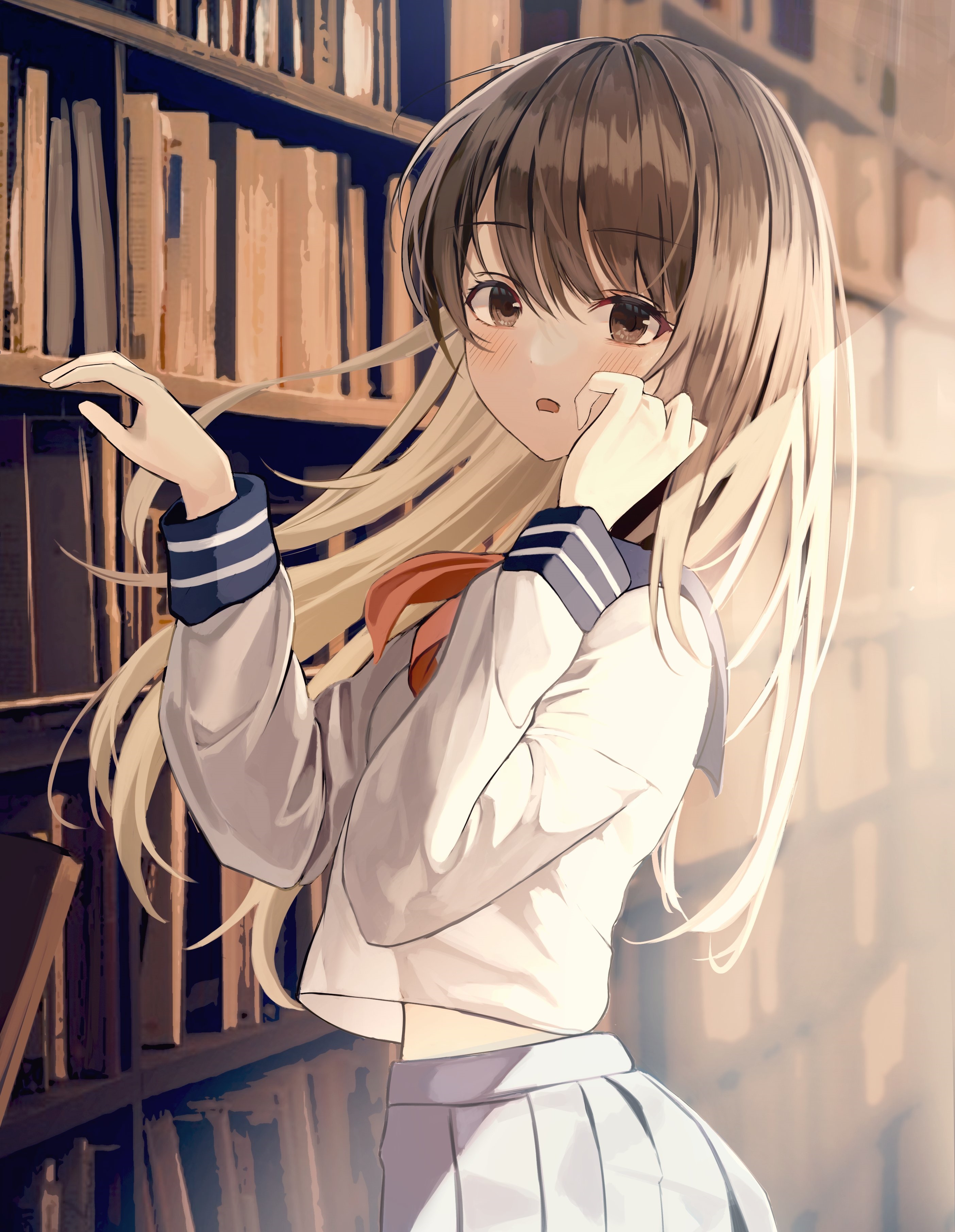 Anime schoolgirl in a library HD Phone Wallpaper
