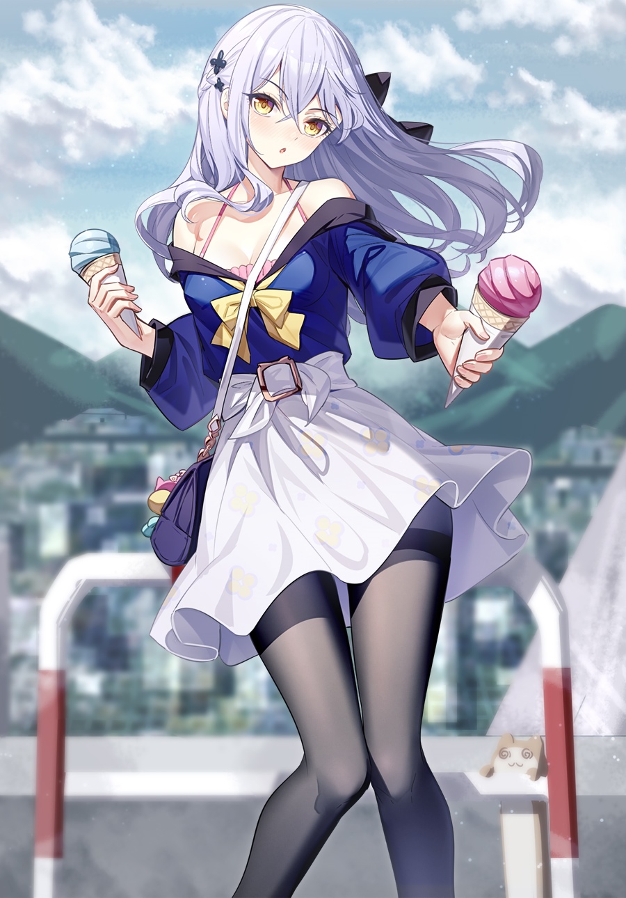 Anime girl with white hair holding ice cream cones HD Phone Wallpaper
