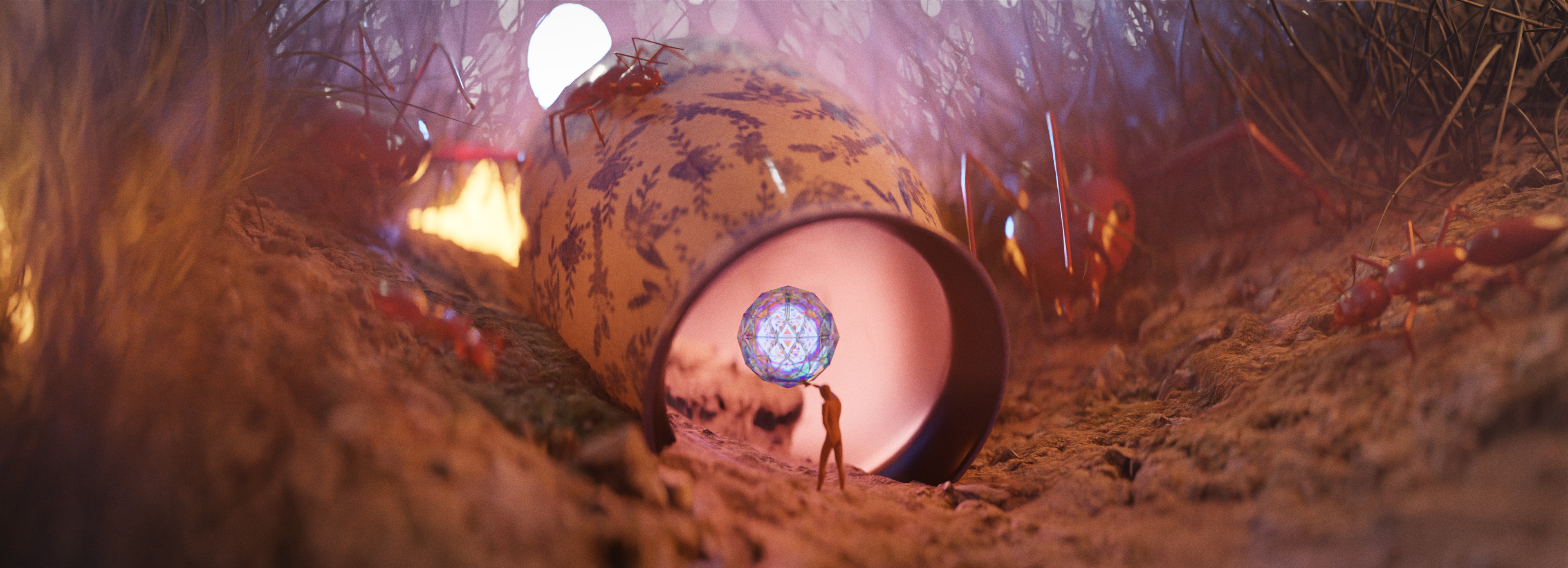 Miniature person holding a glowing sphere near ants and a cup HD Wallpaper