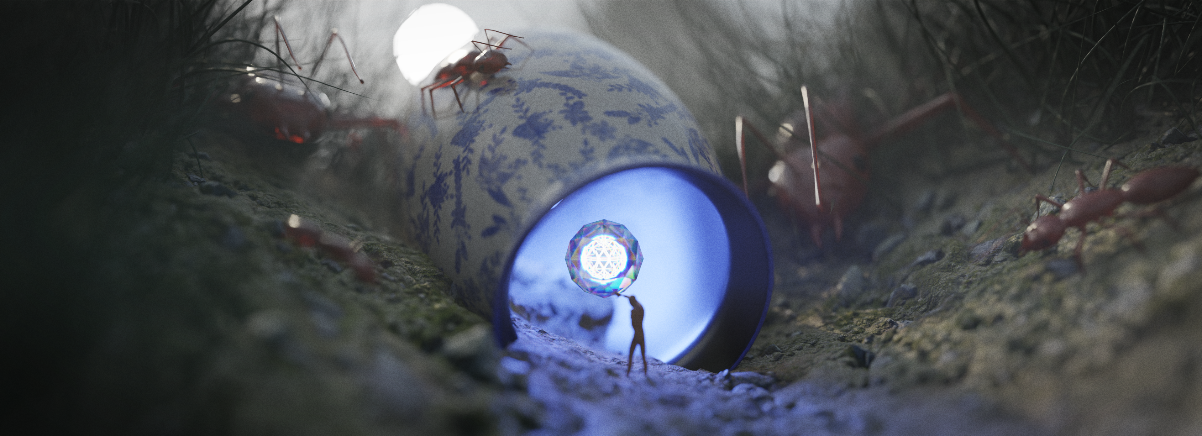 Miniature adventurers with a glowing orb near a vase HD Wallpaper