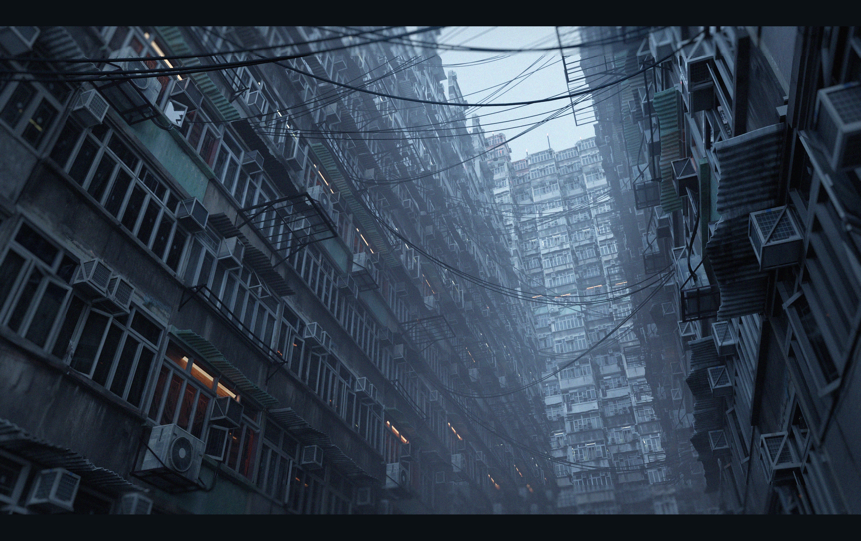Dense urban cityscape with many buildings and wires HD Wallpaper