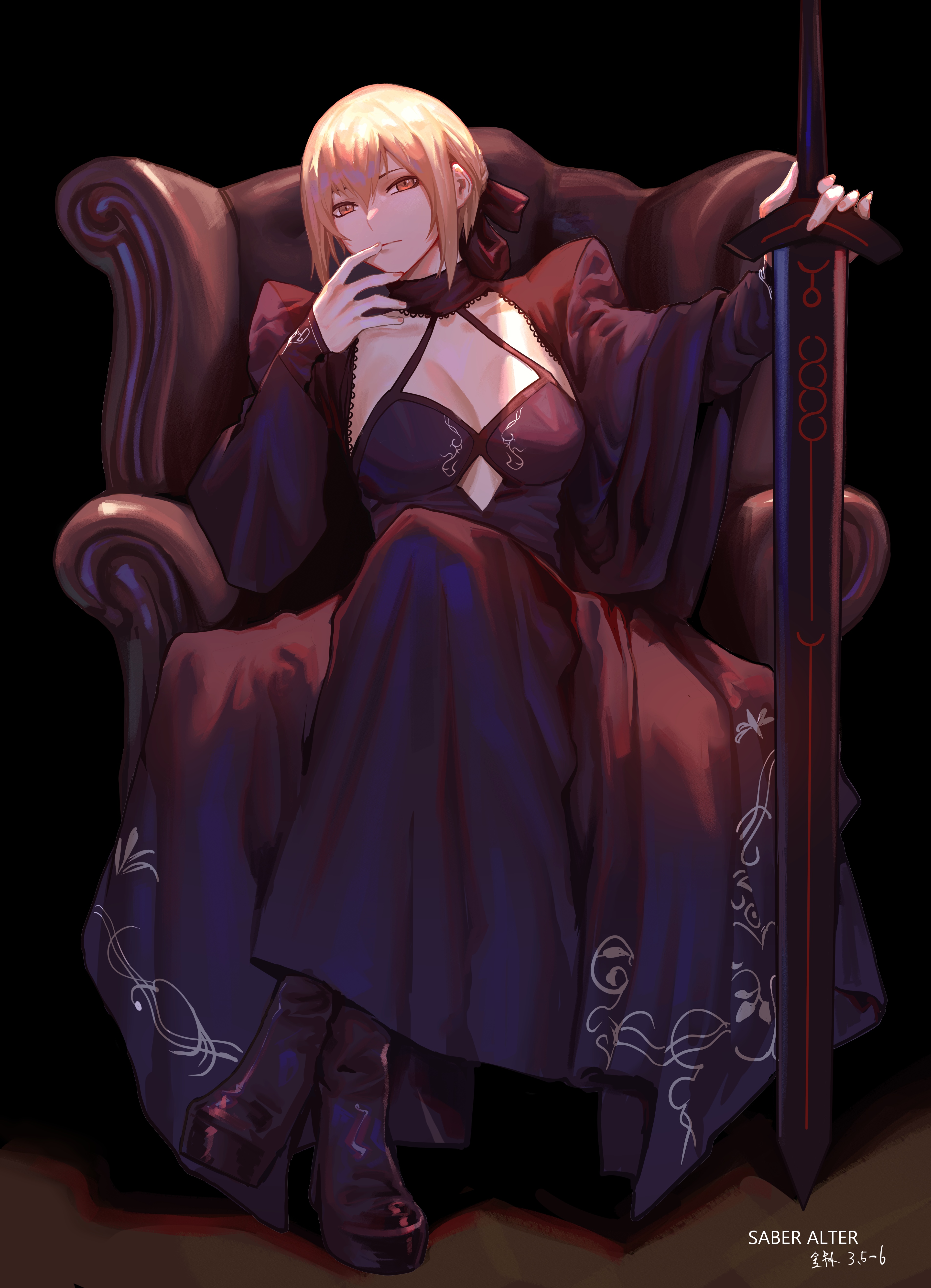 Saber Alter sitting on a throne with a sword HD Phone Wallpaper