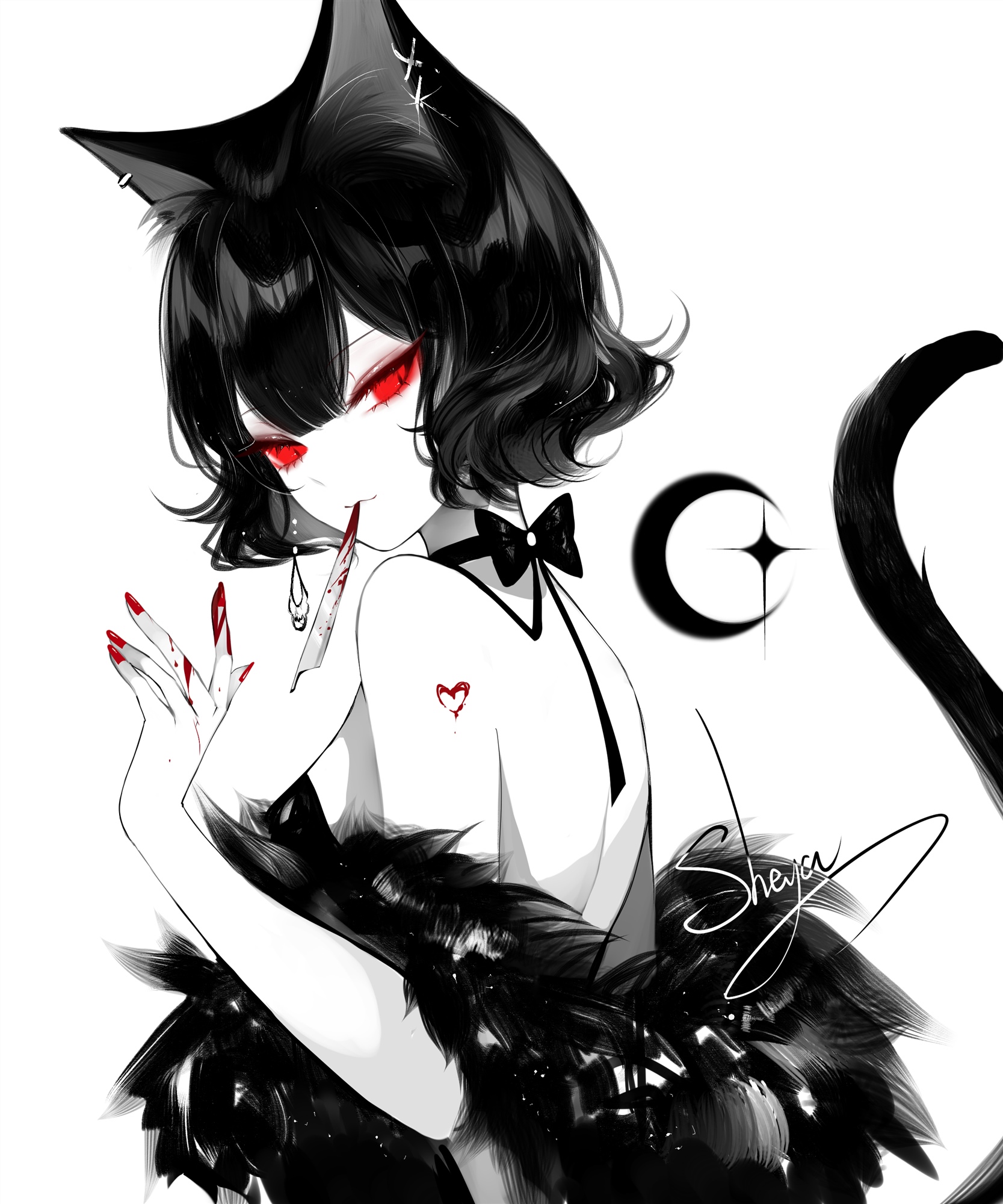 Cat girl with red eyes holding a bloody knife HD Phone Wallpaper