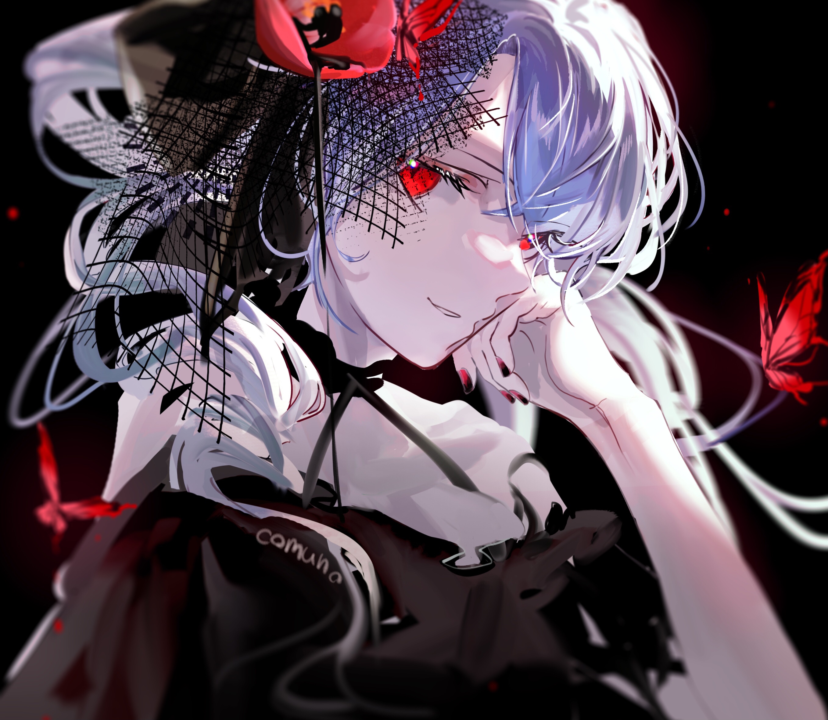 Anime girl with blue hair and red eyes HD Wallpaper
