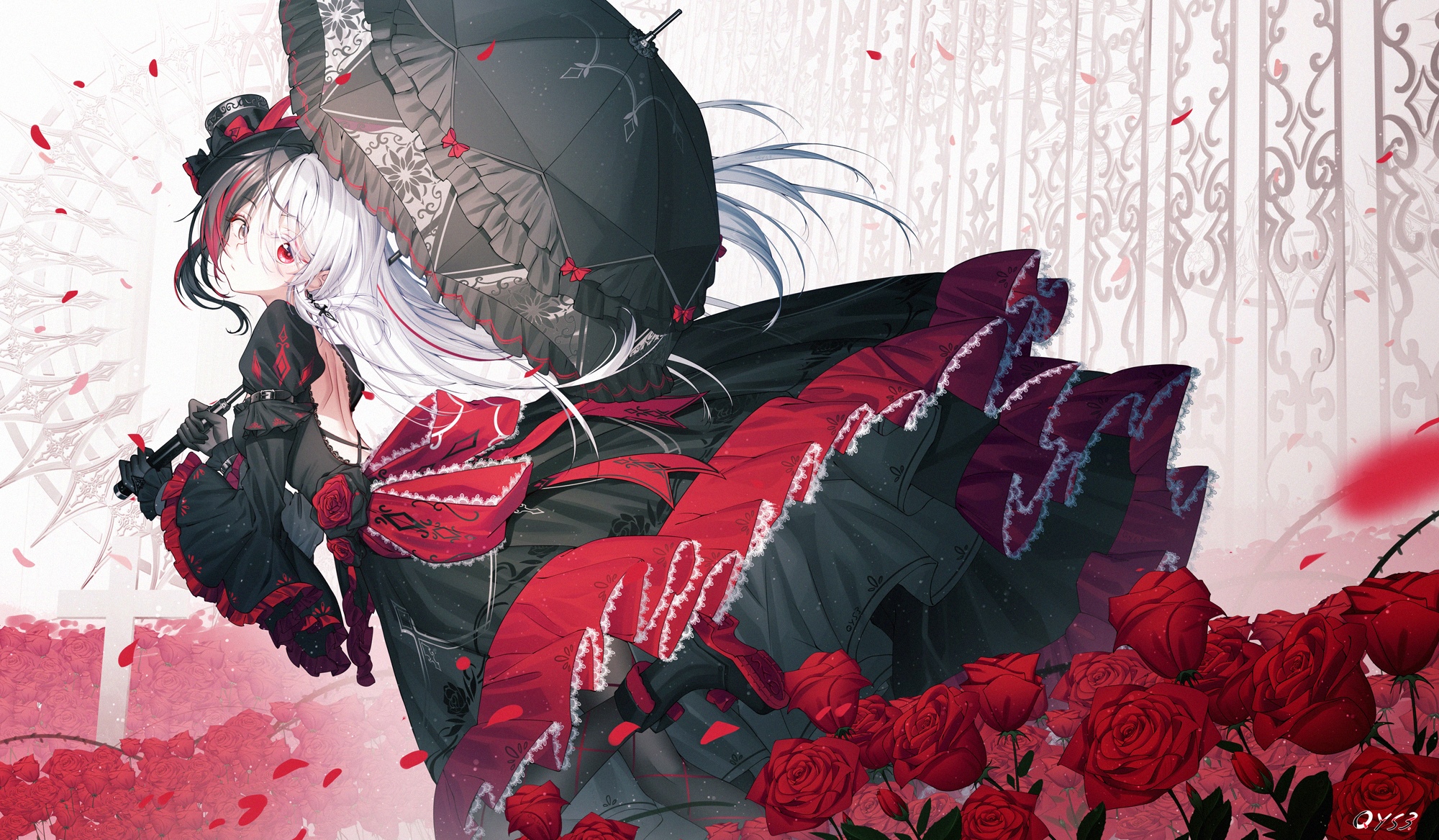 Girl in Gothic Dress with Umbrella and Roses HD Wallpaper