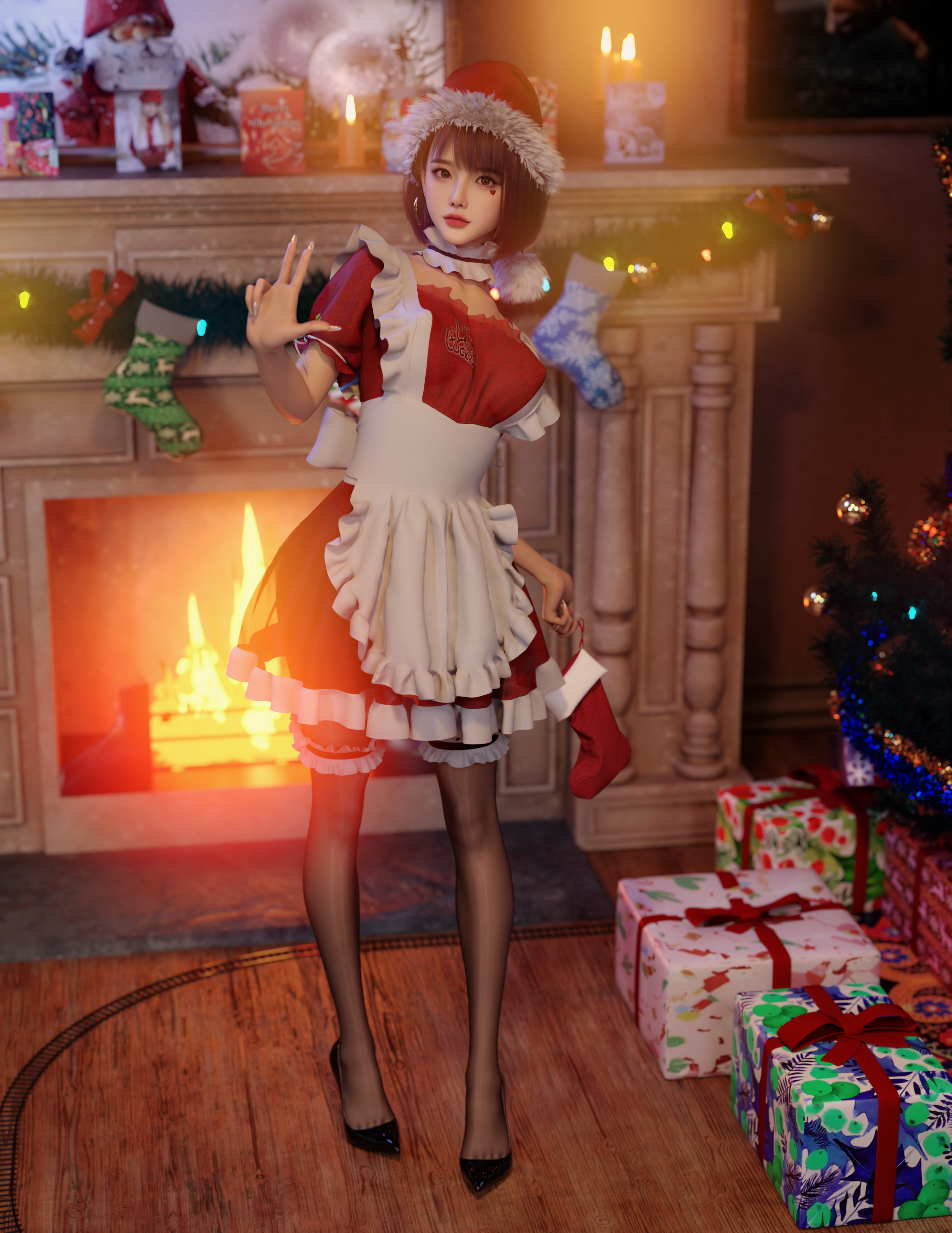 Woman in Christmas Outfit Holding Stocking by Fireplace HD Phone Wallpaper