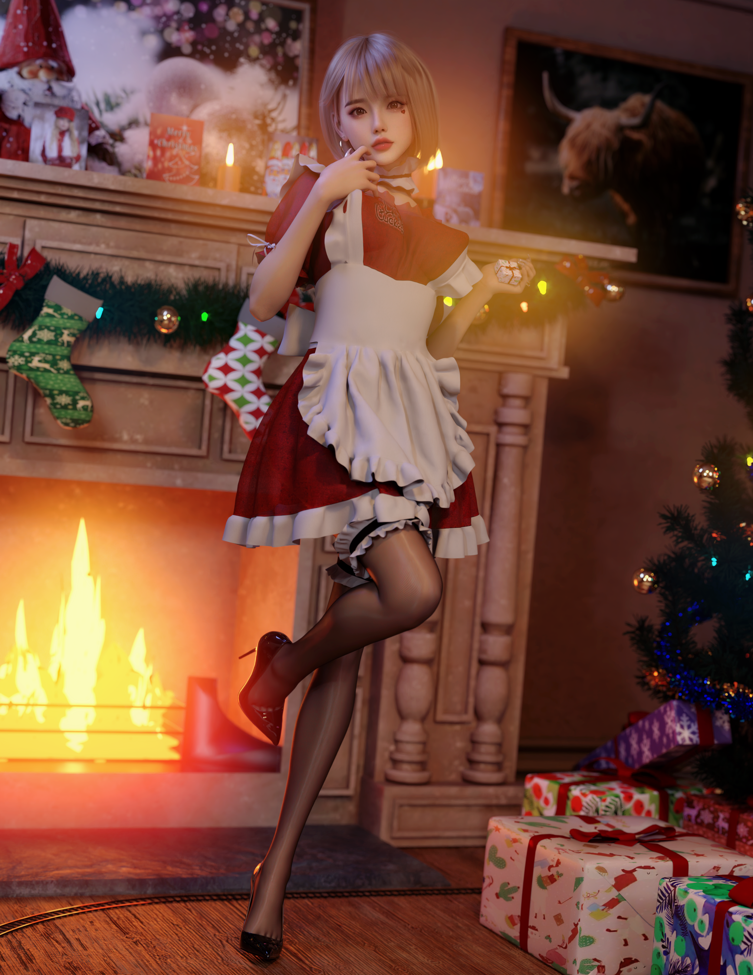 Christmas Maid Holding a Cookie by the Fireplace HD Phone Wallpaper