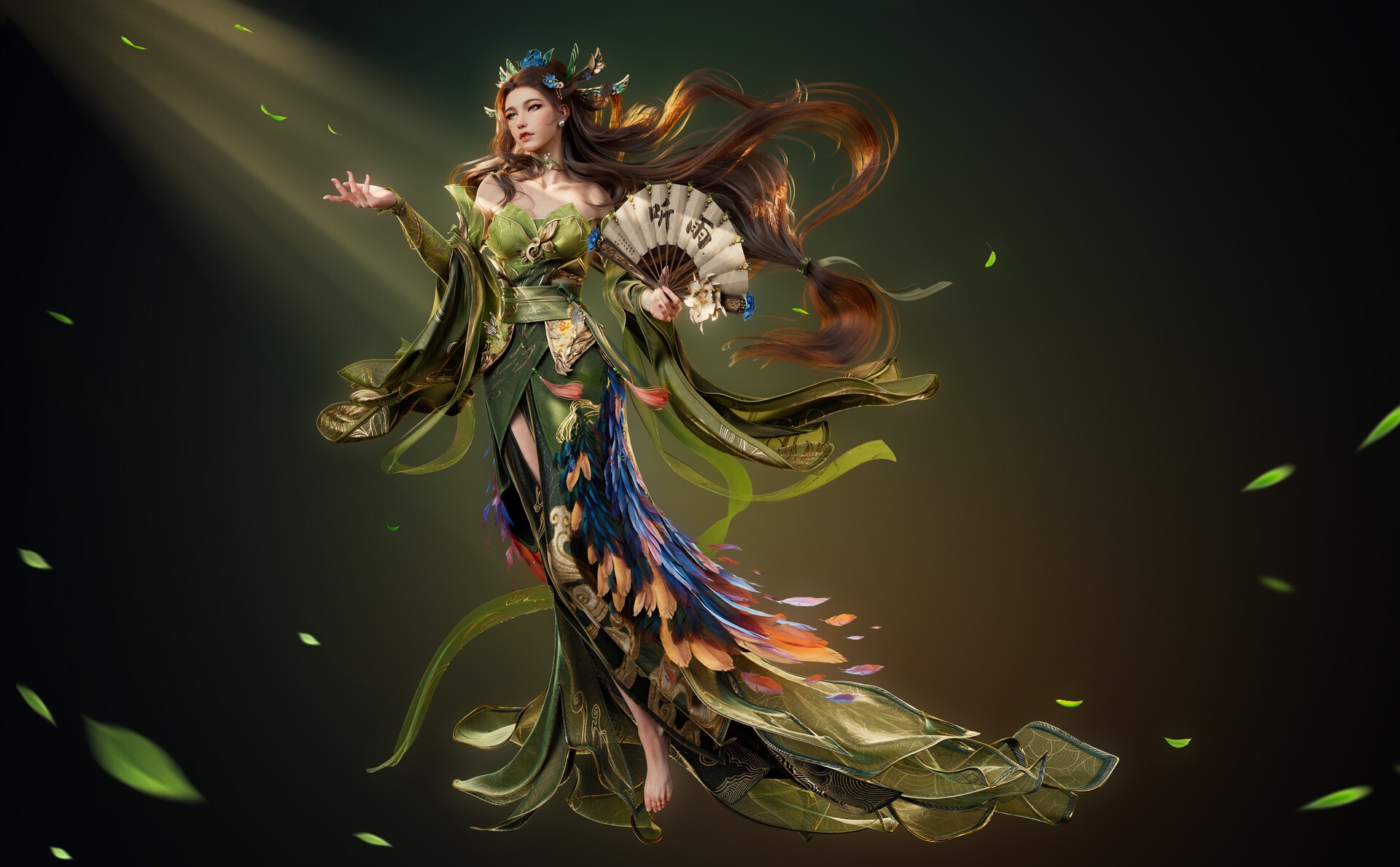 Fantasy girl with fan and leaves HD Wallpaper