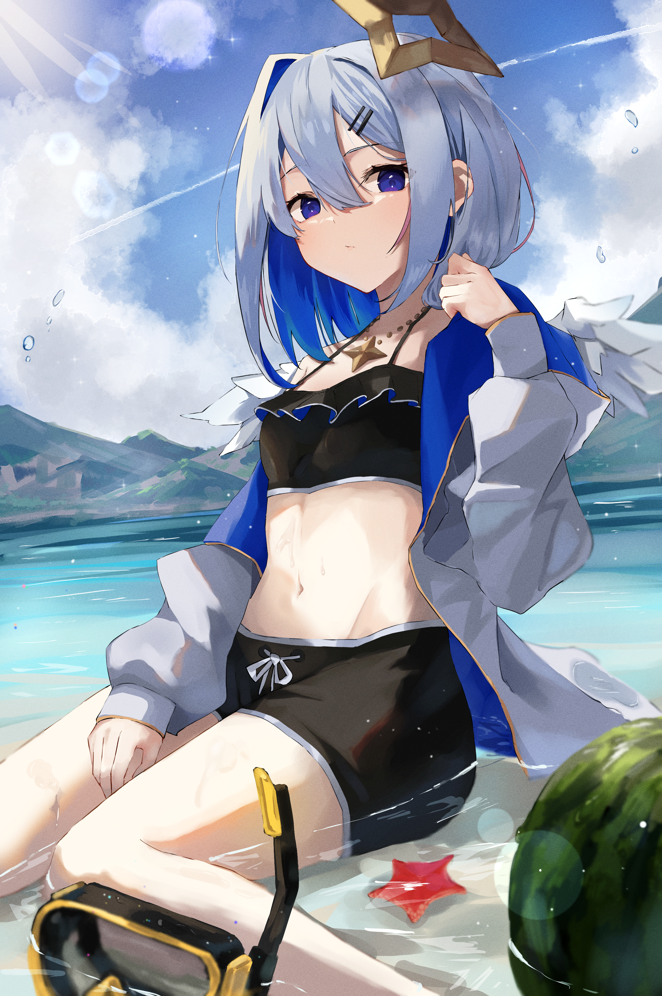 Anime girl in swimsuit at the beach HD Phone Wallpaper