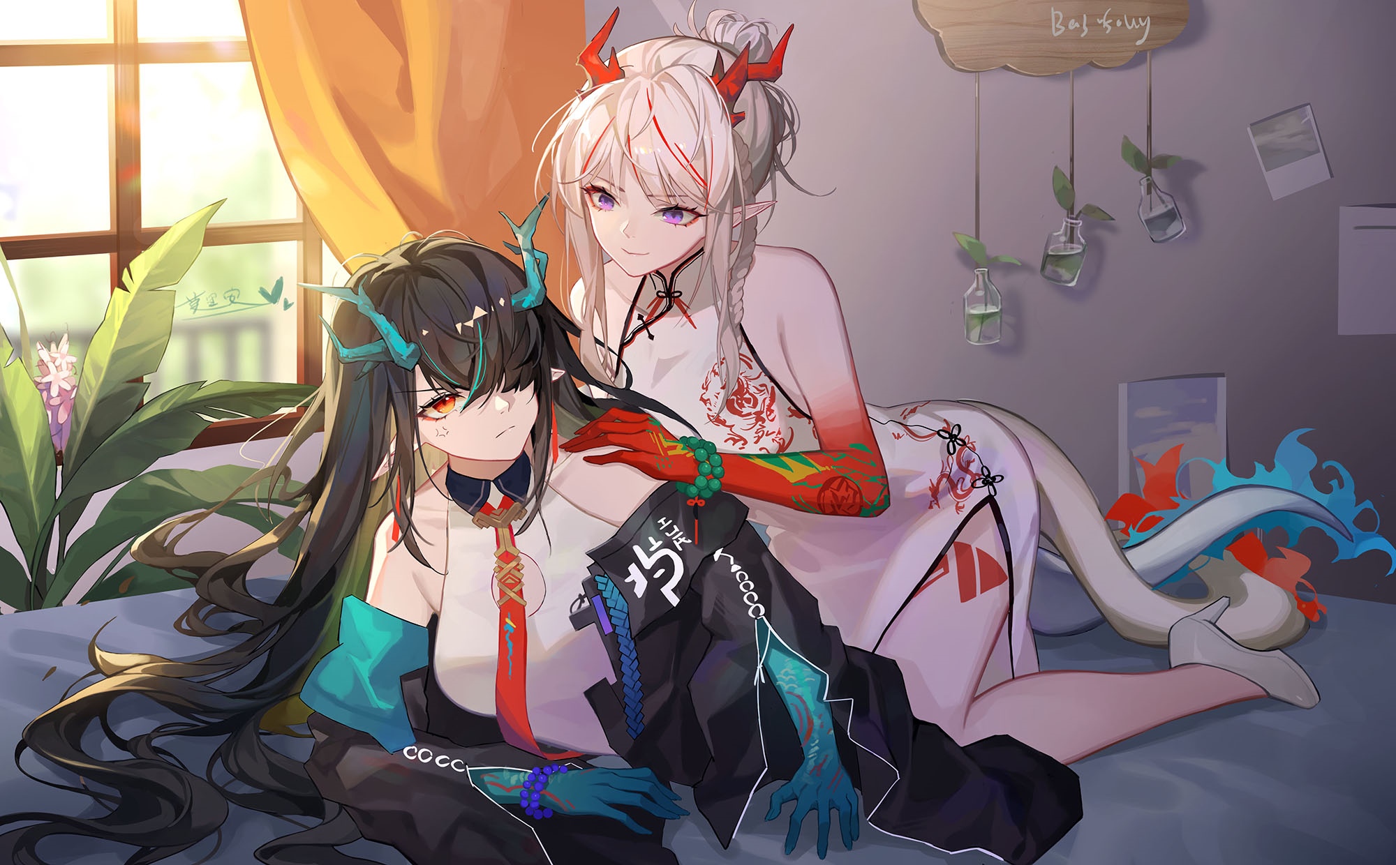 Arknights Dusk and Nian dragon girls HD Wallpaper