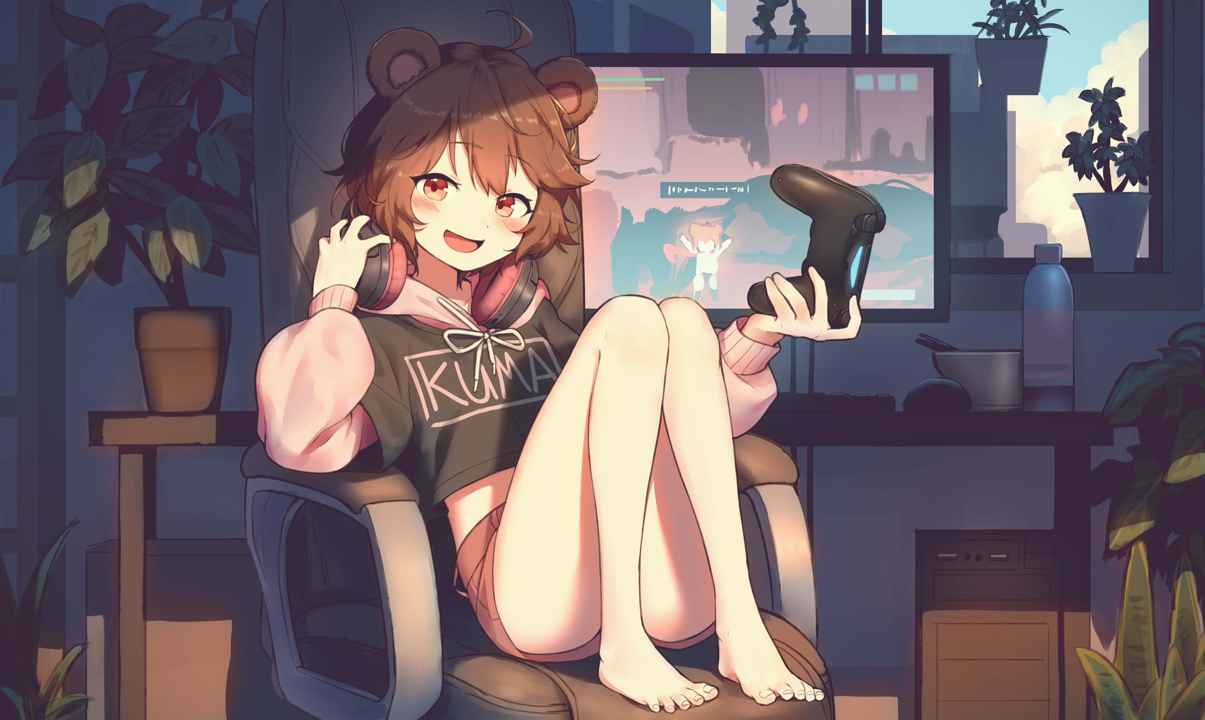 Anime girl with bear ears playing video games HD Wallpaper