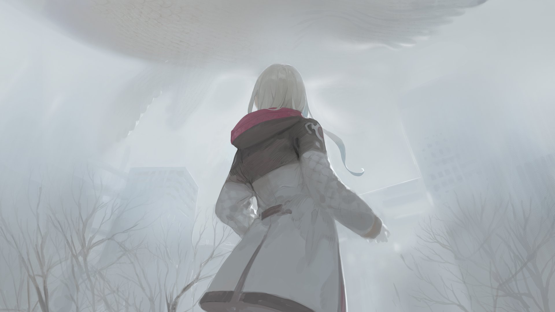 Anime girl with blonde hair in a foggy city HD Wallpaper