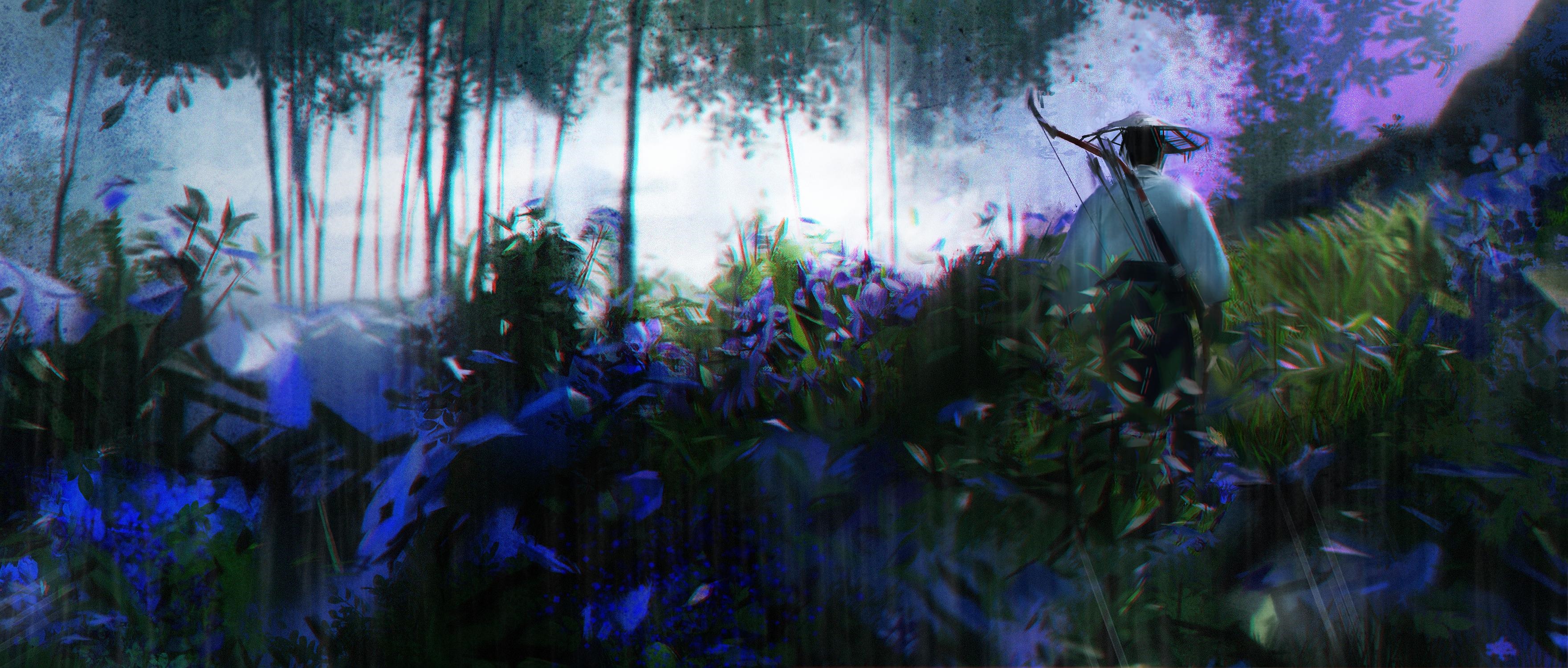 Samurai with bow and arrow in a forest HD Wallpaper