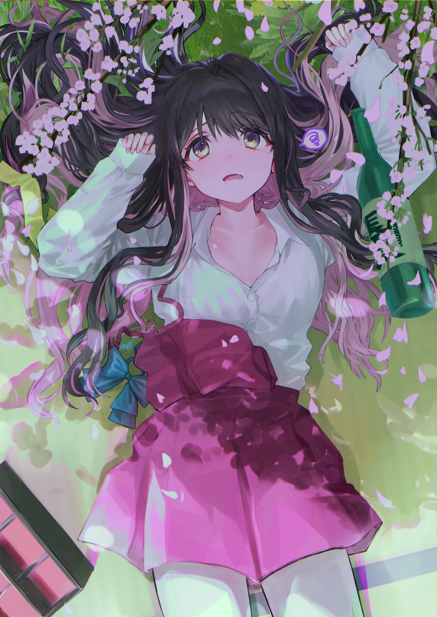 Naganami lying on grass with cherry blossoms and a bottle HD Phone Wallpaper