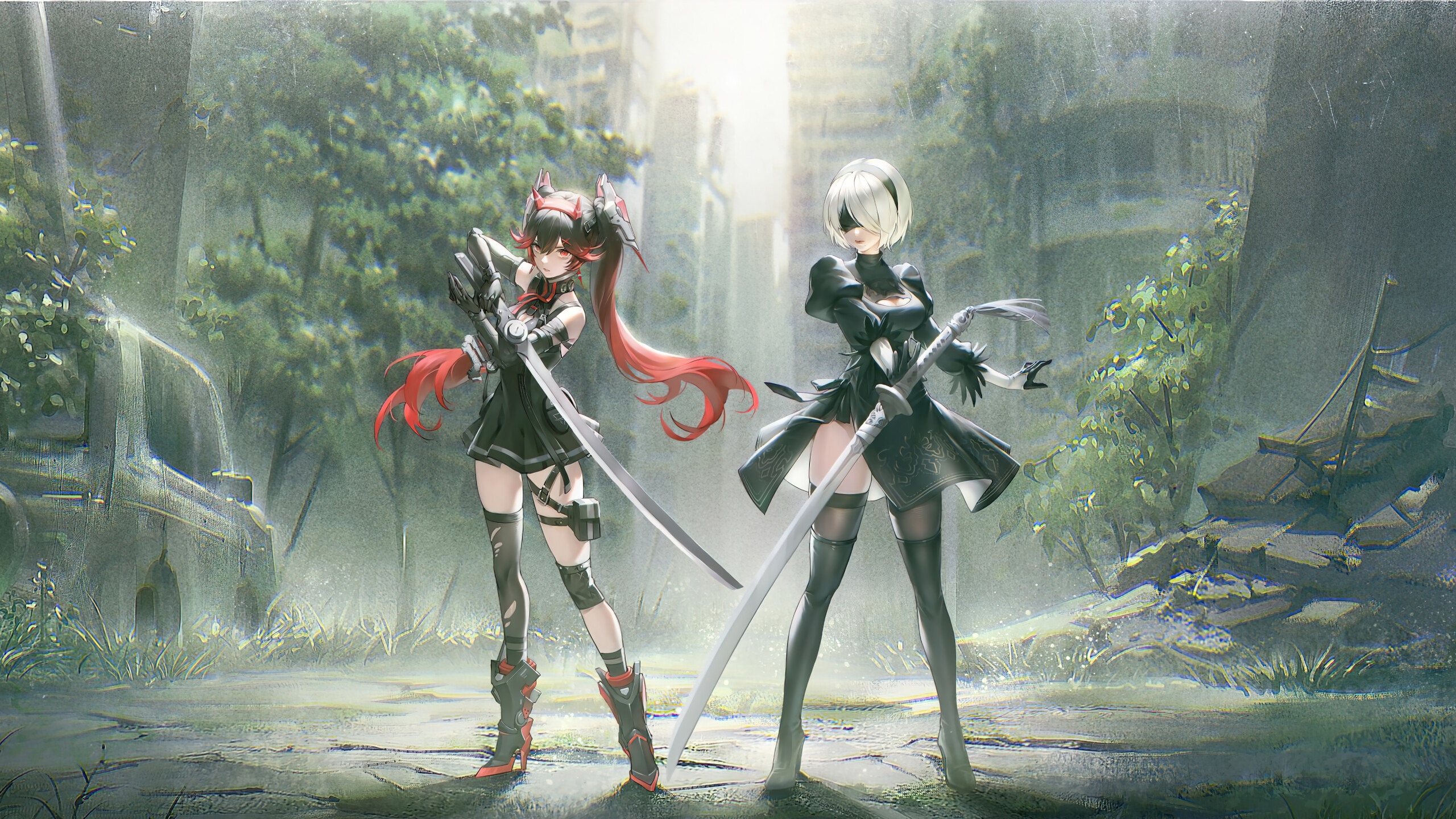 2B and Lucia from Nier: Automata and Punishing: Gray Raven crossover HD Wallpaper