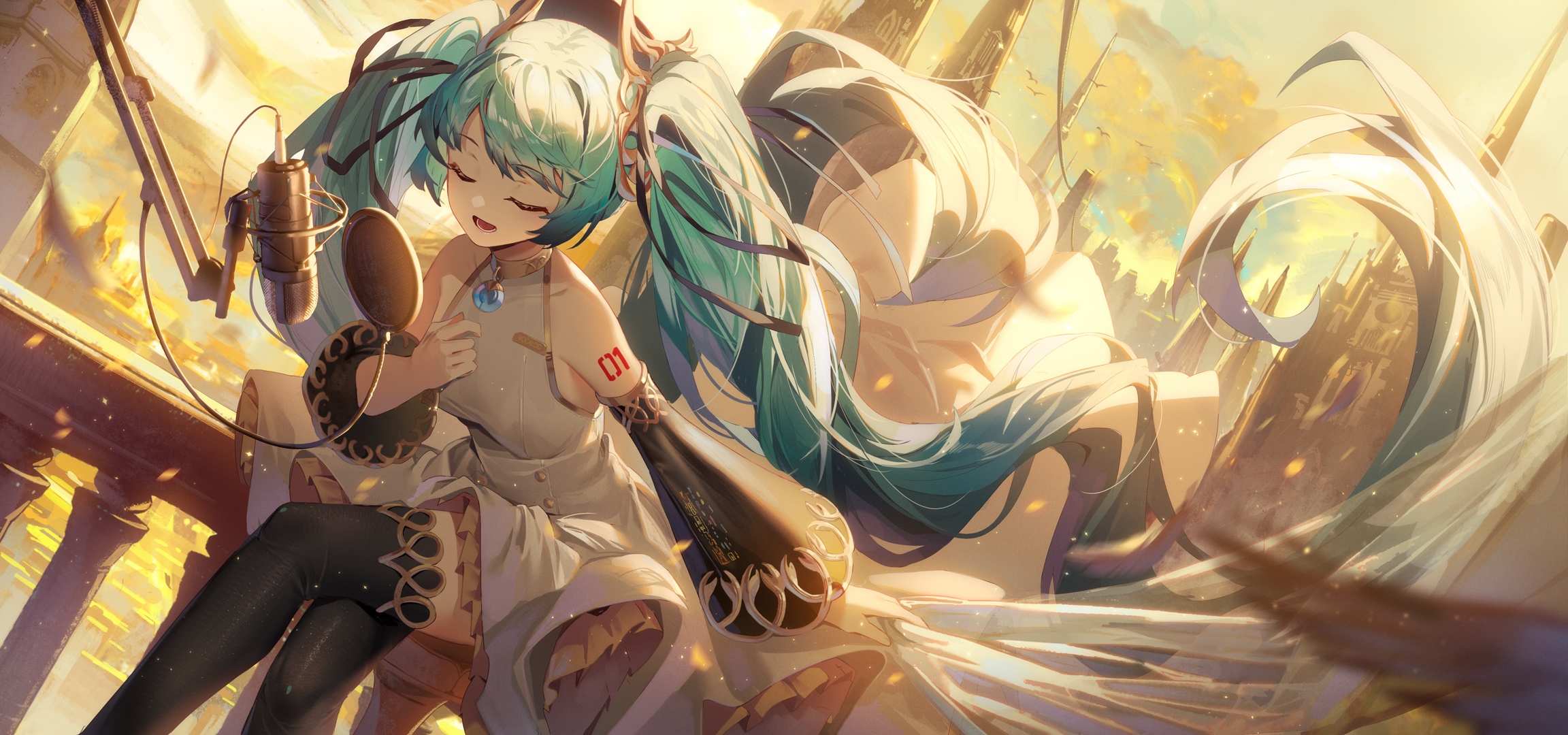 Hatsune Miku singing into a microphone with closed eyes HD Wallpaper