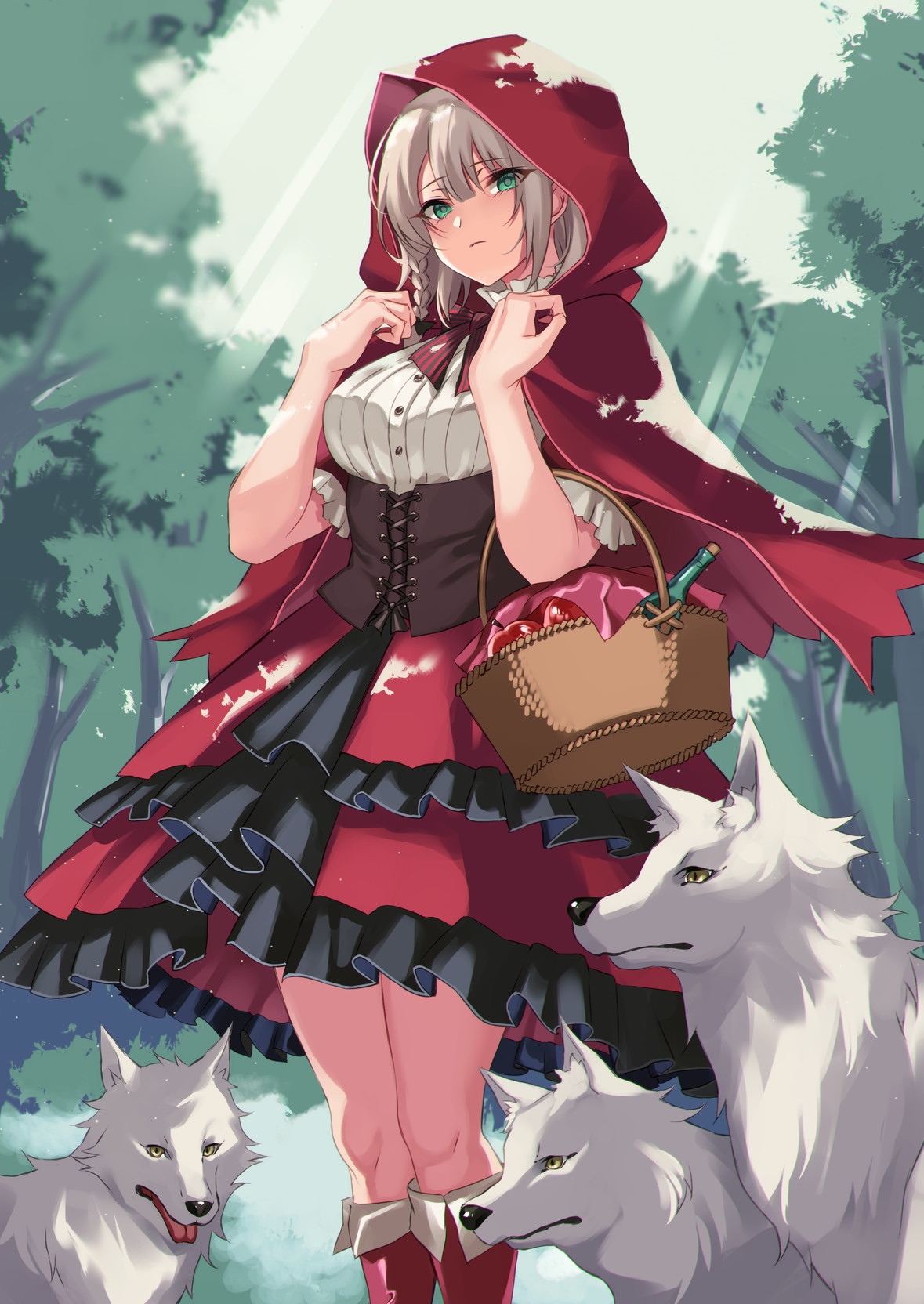Little Red Riding Hood with wolves in the forest HD Phone Wallpaper
