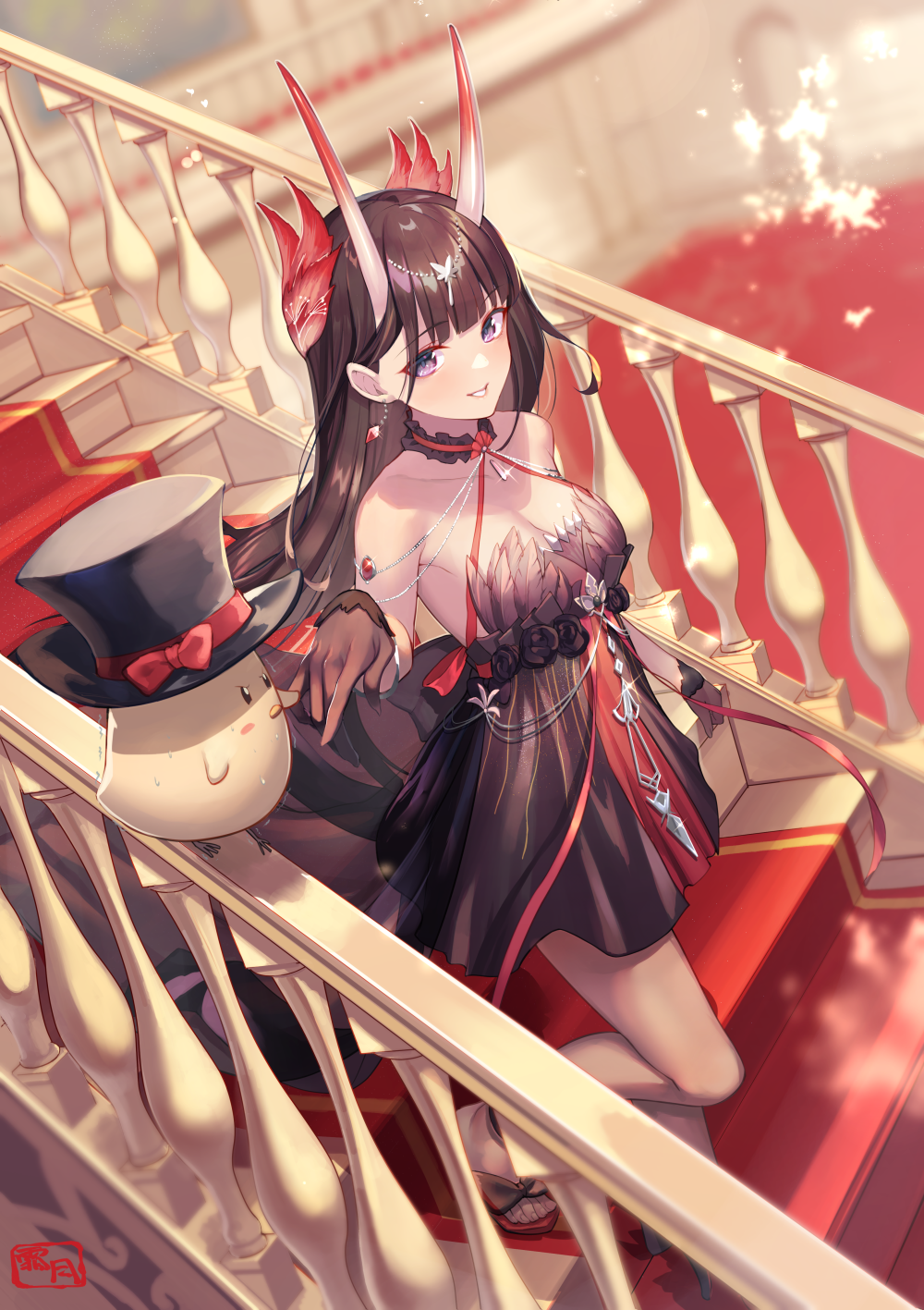 Anime girl with horns and a hat-wearing creature on stairs HD Phone Wallpaper