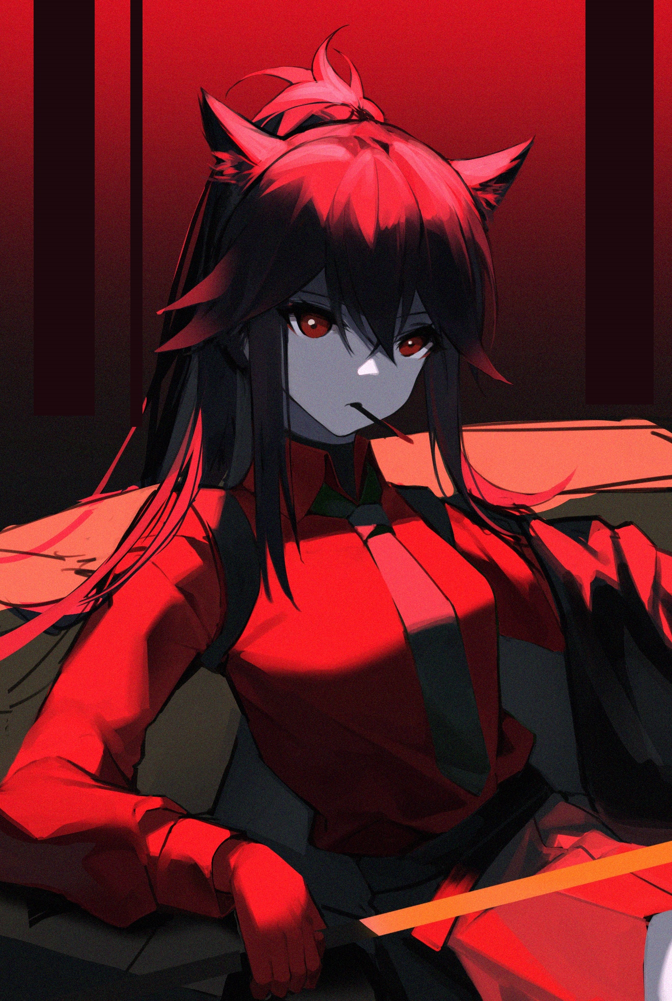 Anime girl with red eyes and cat ears HD Phone Wallpaper