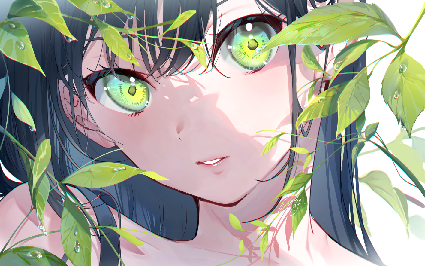 Artwork of a girl with dark hair and green eyes surrounded by plants HD Wallpaper