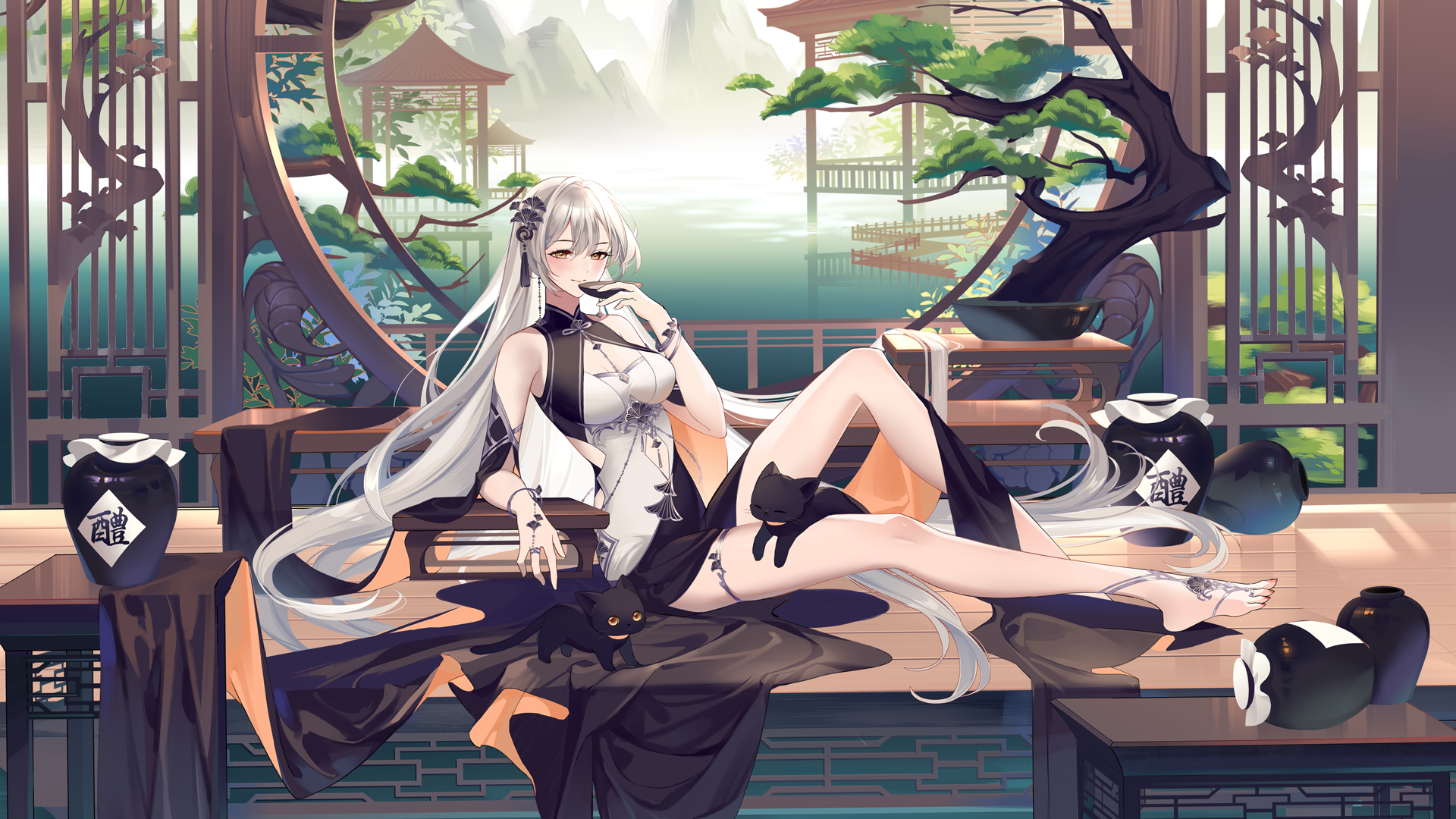 Aura Star in a Chinese Dress with Cats HD Wallpaper