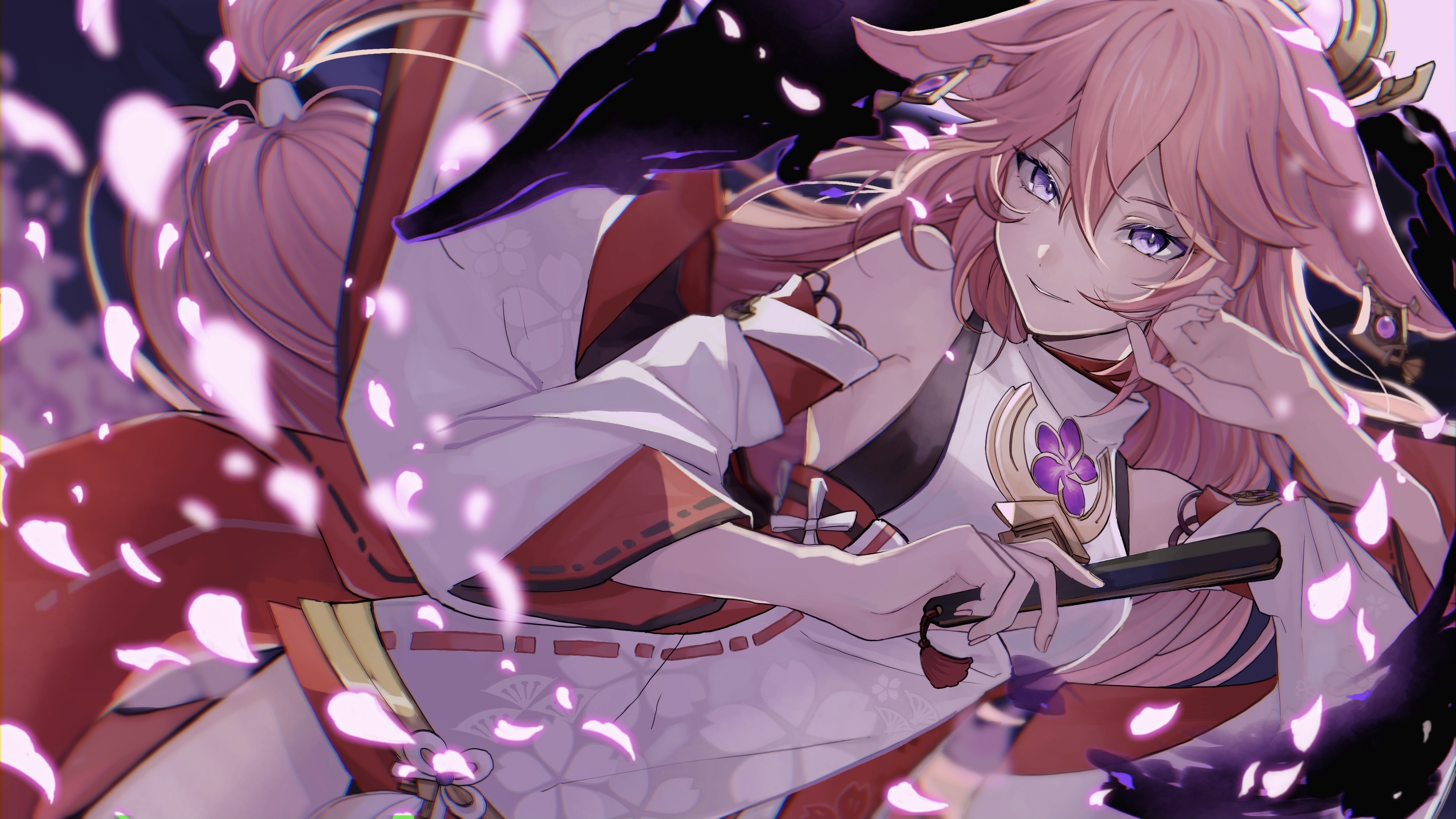 Yae Miko from Genshin Impact with pink petals HD Wallpaper
