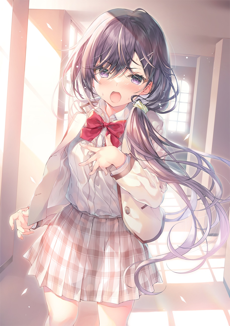 Anime schoolgirl in uniform with red bow HD Phone Wallpaper