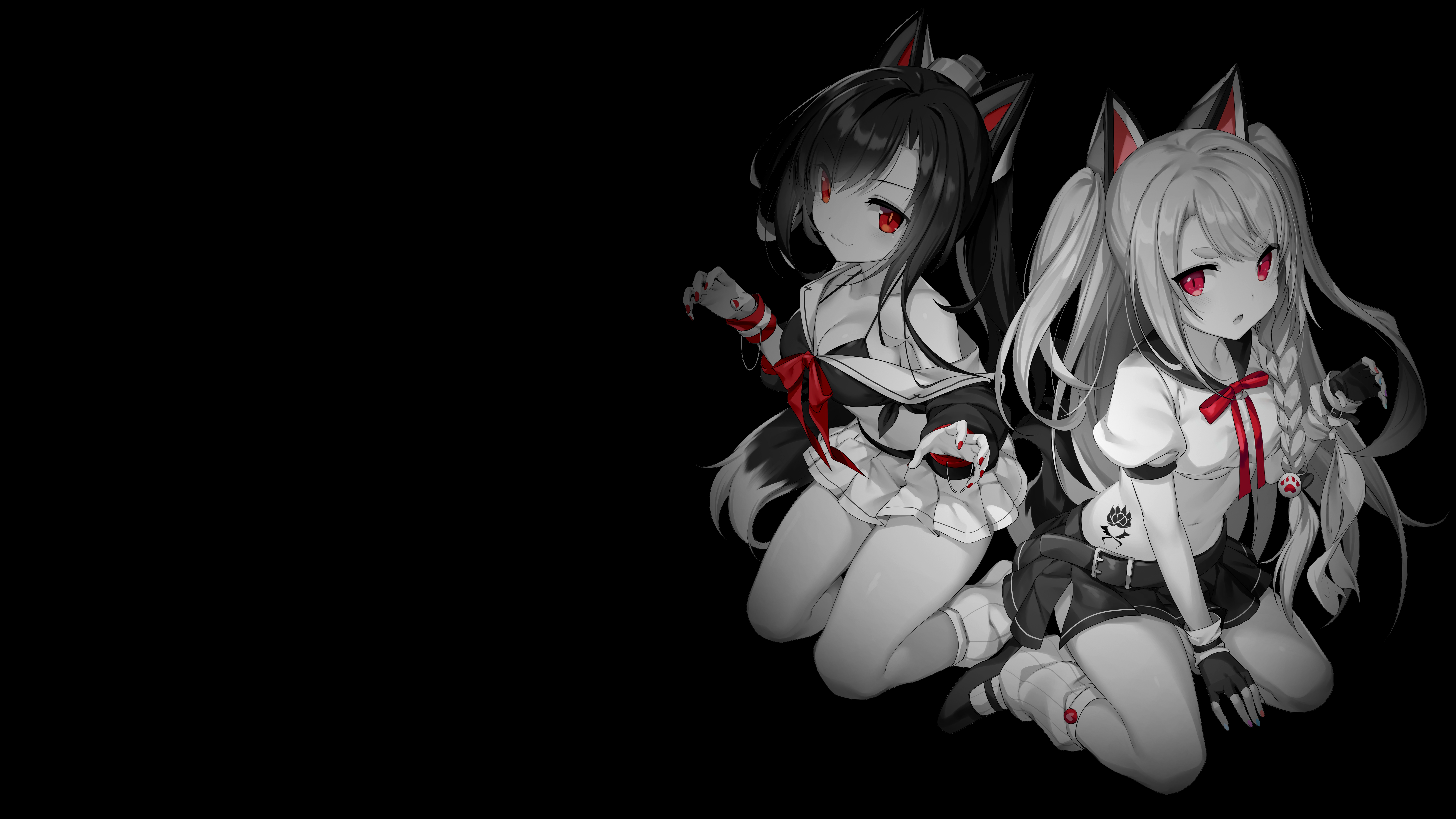 4K Cat girls with red eyes and tails HD Wallpaper