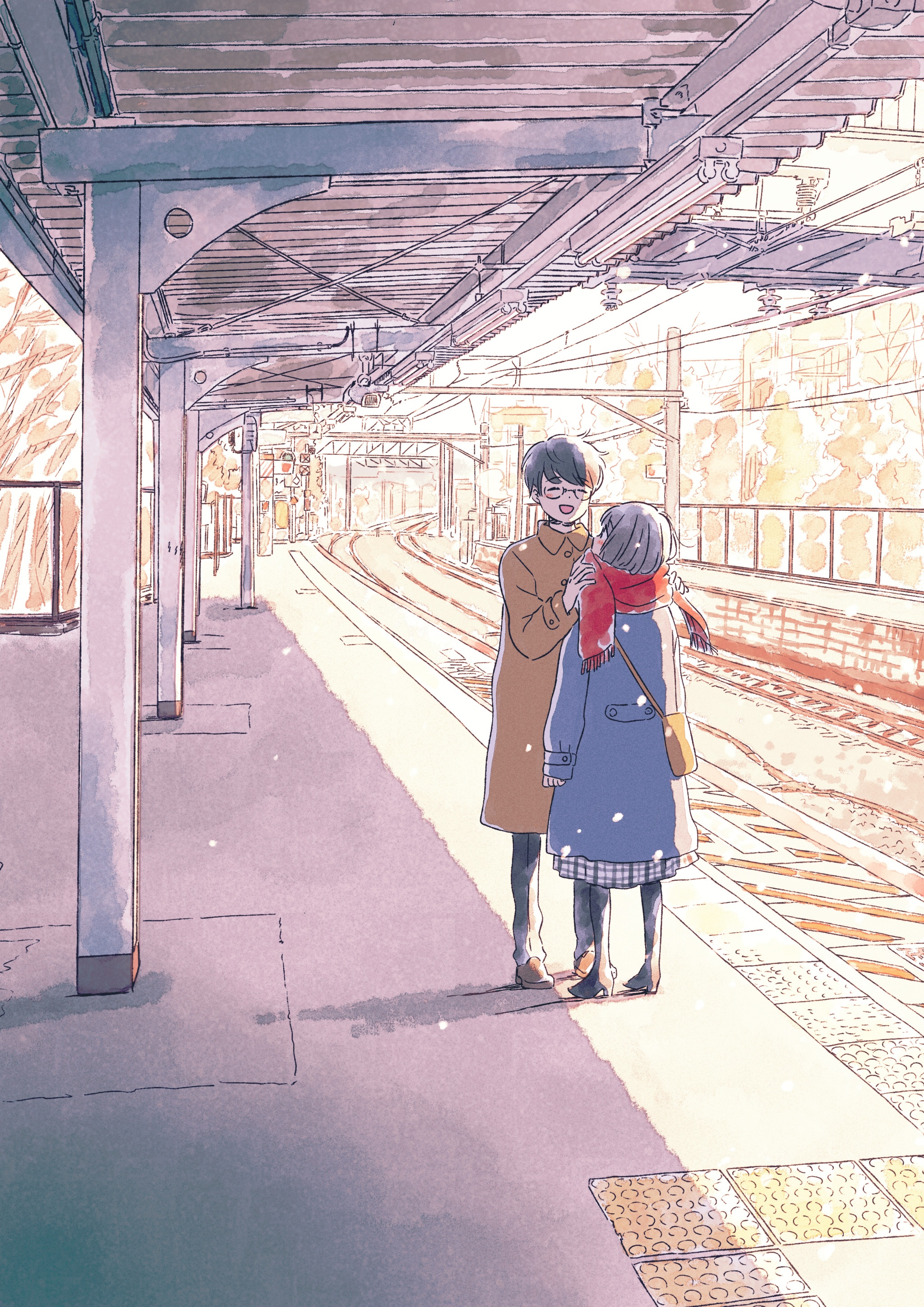 Anime couple at a train station HD Phone Wallpaper