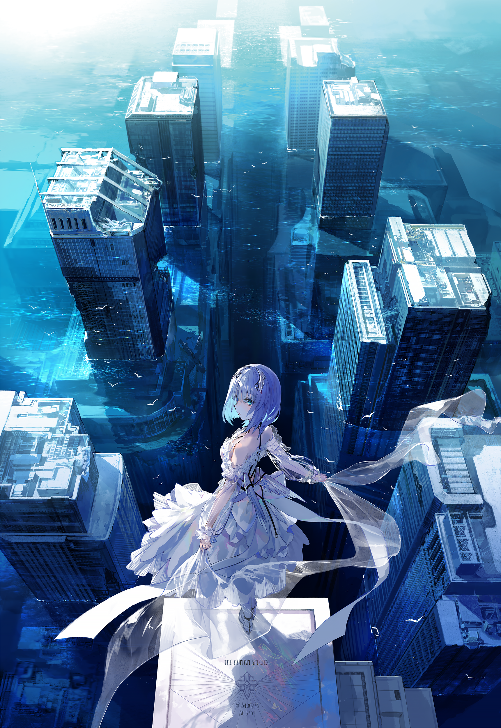 Anime girl in white dress in flooded city HD Phone Wallpaper