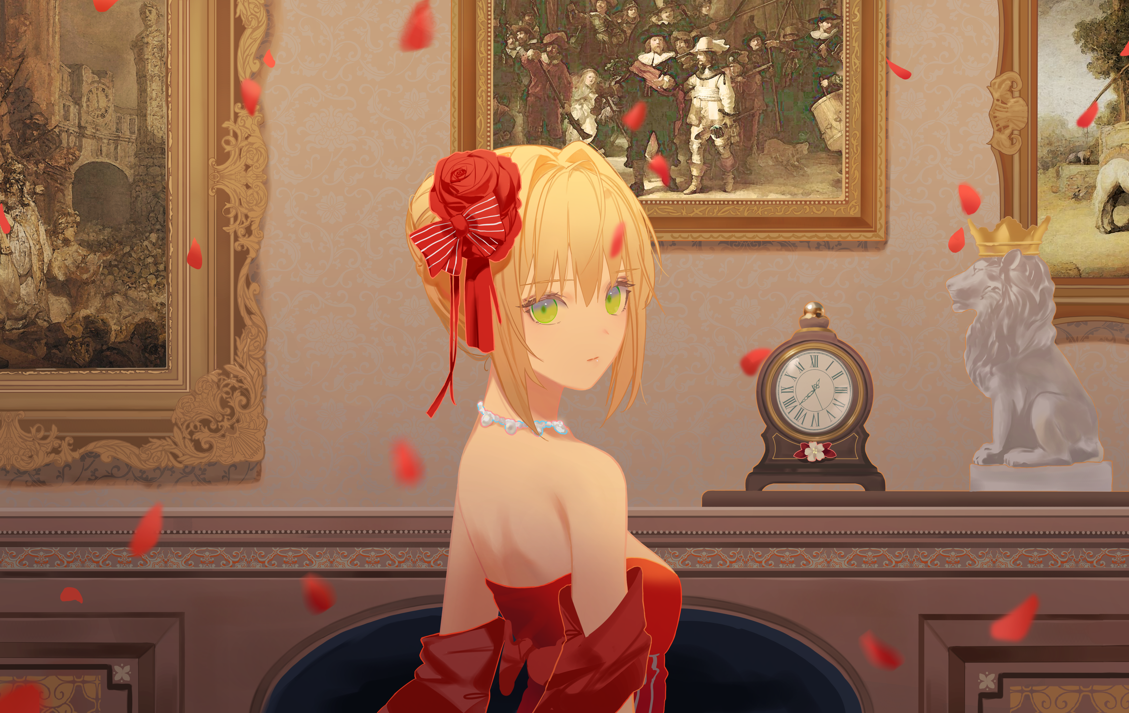 Nero Claudius in a red dress with petals falling HD Wallpaper