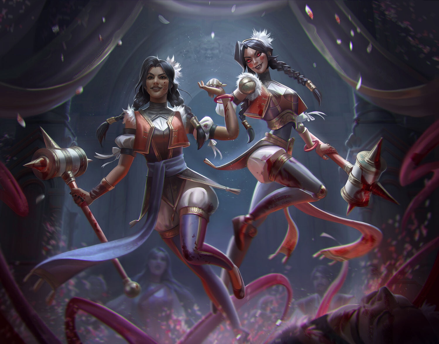 Two women with hammers in a fantasy setting HD Wallpaper
