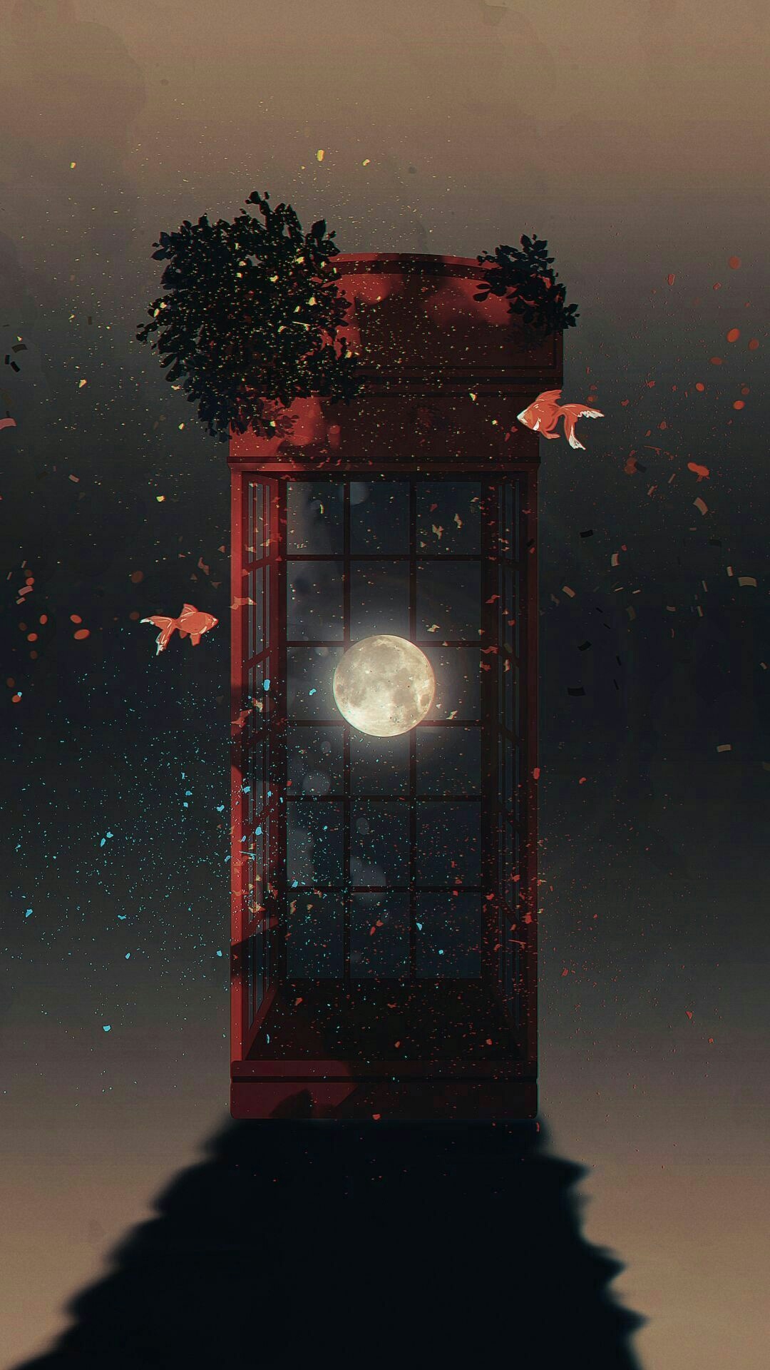 Red phone box with moon and fish HD Phone Wallpaper