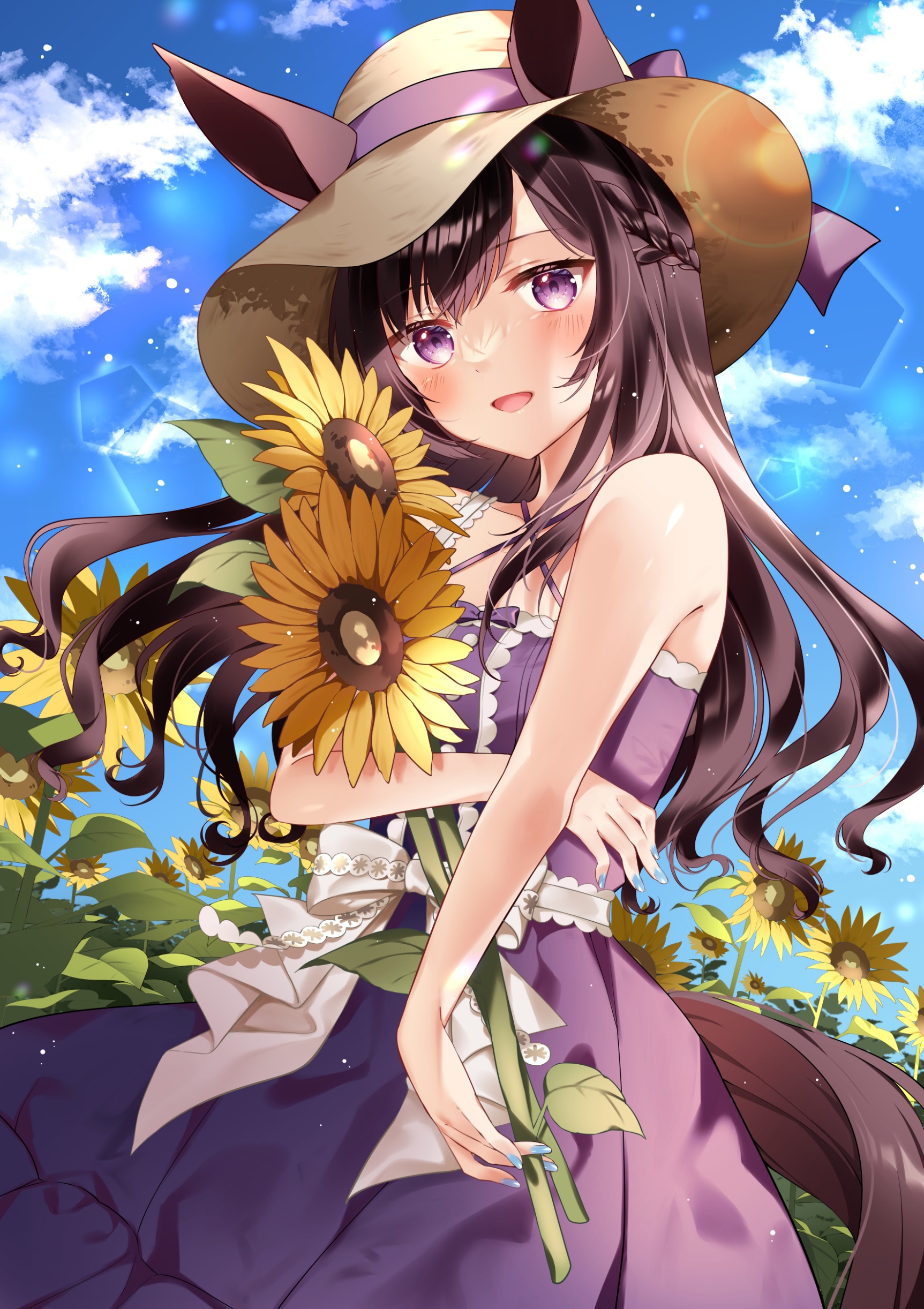 Mejiro Dober holding sunflowers in a field HD Phone Wallpaper