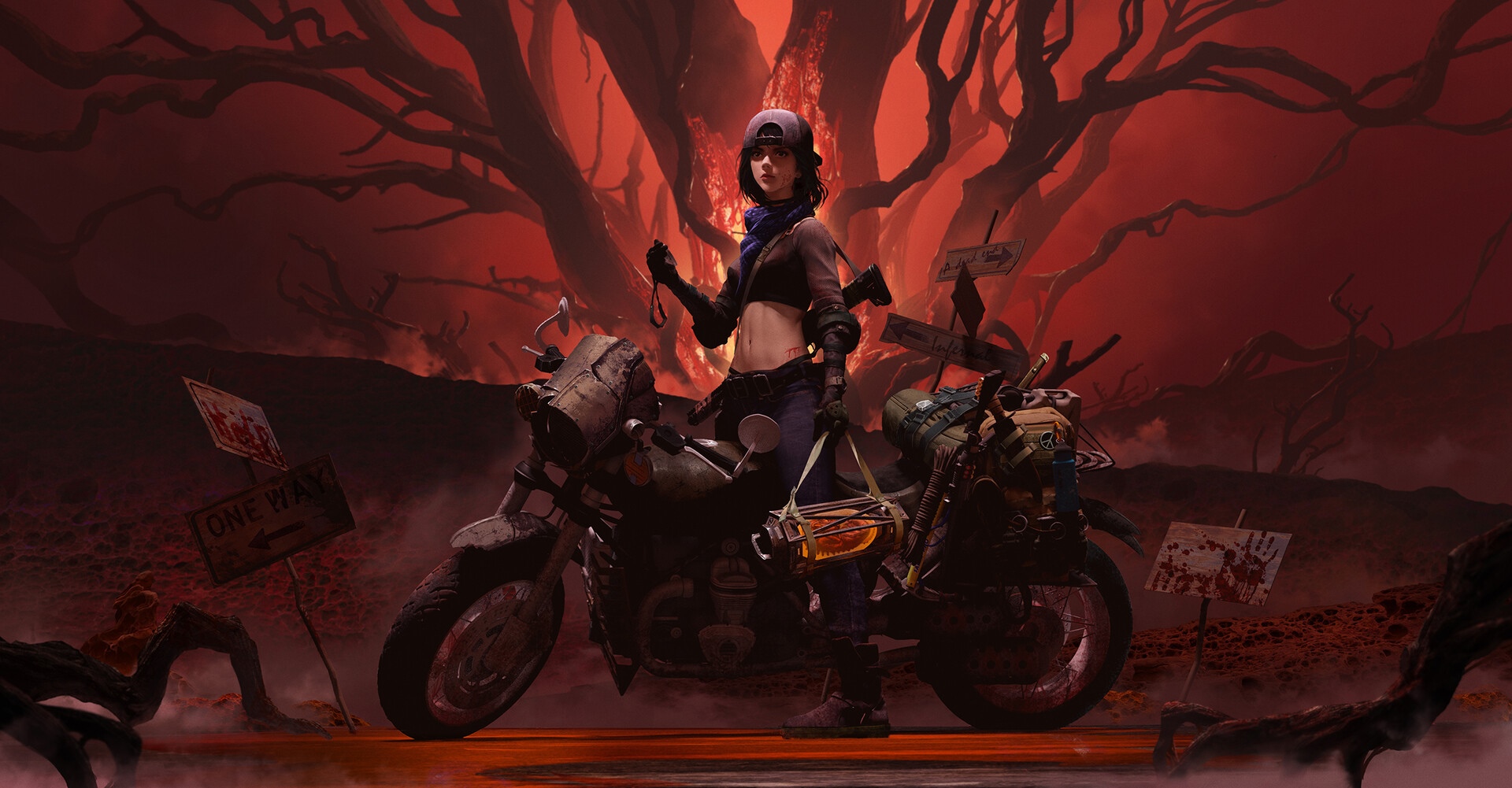 Girl with motorcycle in a desolate, red landscape HD Wallpaper