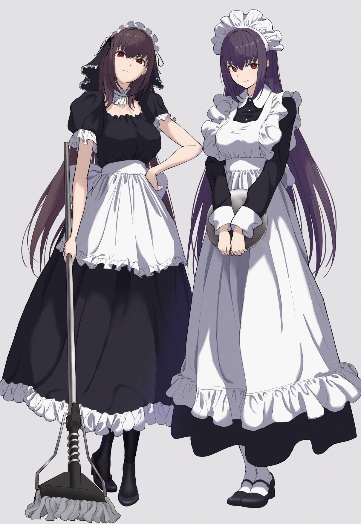 Two anime maids, one holding a mop HD Phone Wallpaper