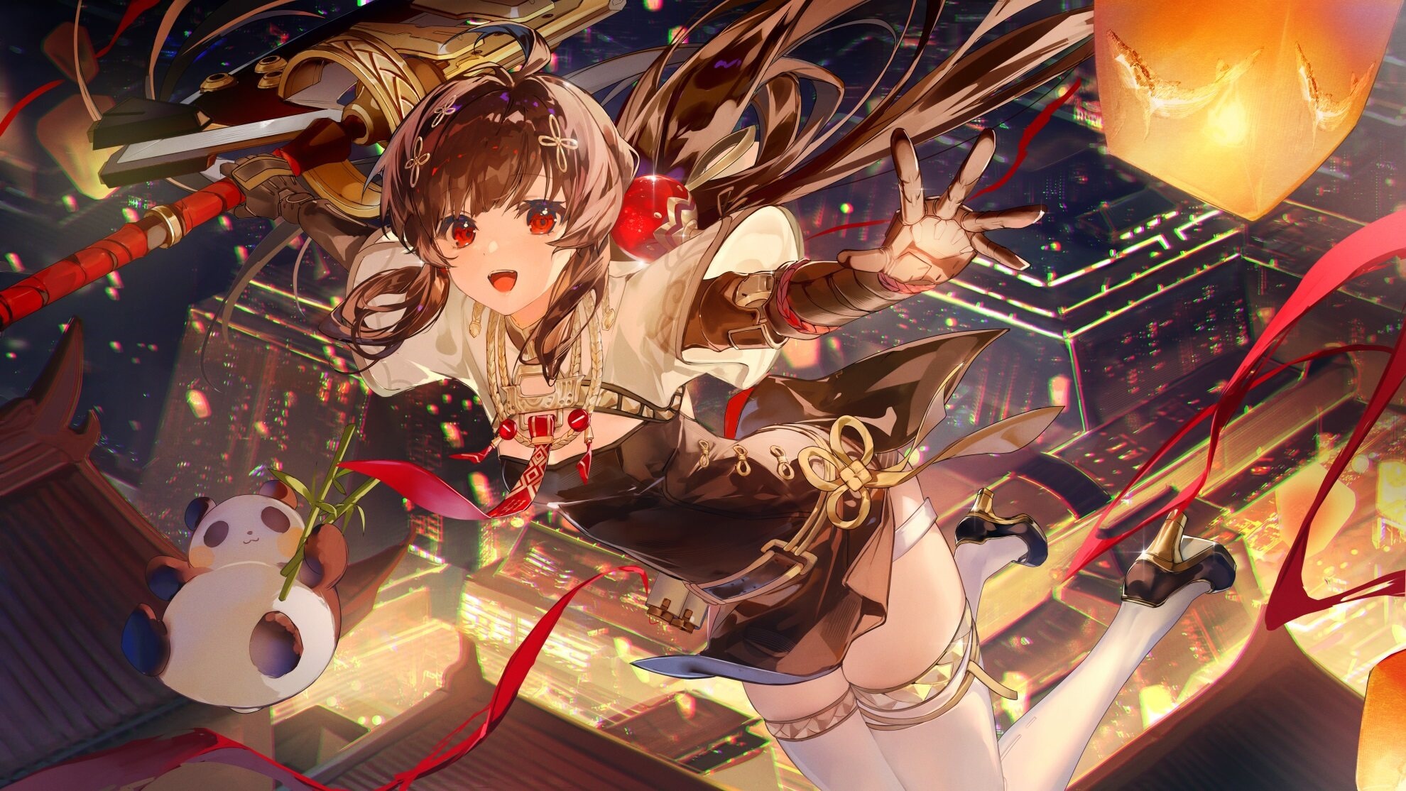 Anime girl with panda and weapon in city at night HD Wallpaper
