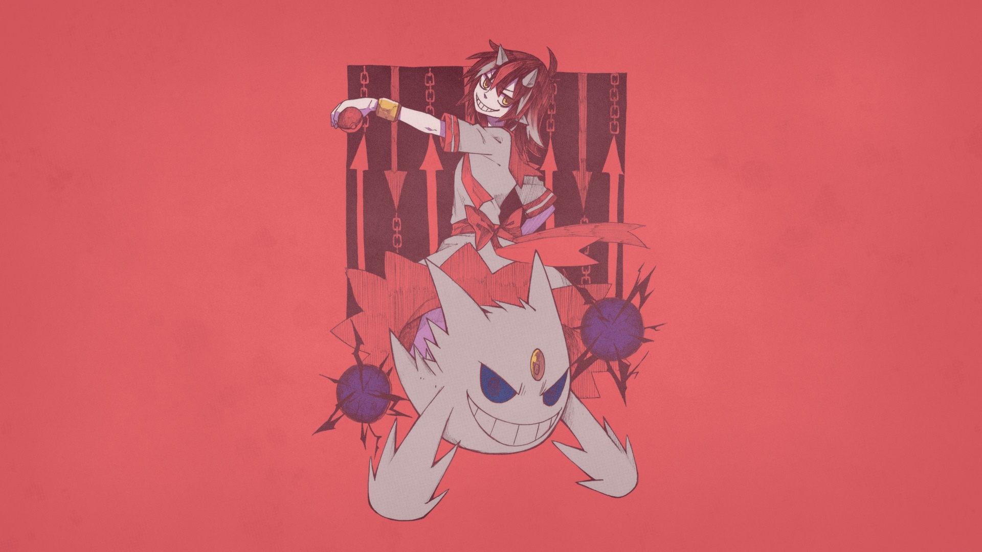 Gengar and a girl with horns holding a Poke Ball HD Wallpaper